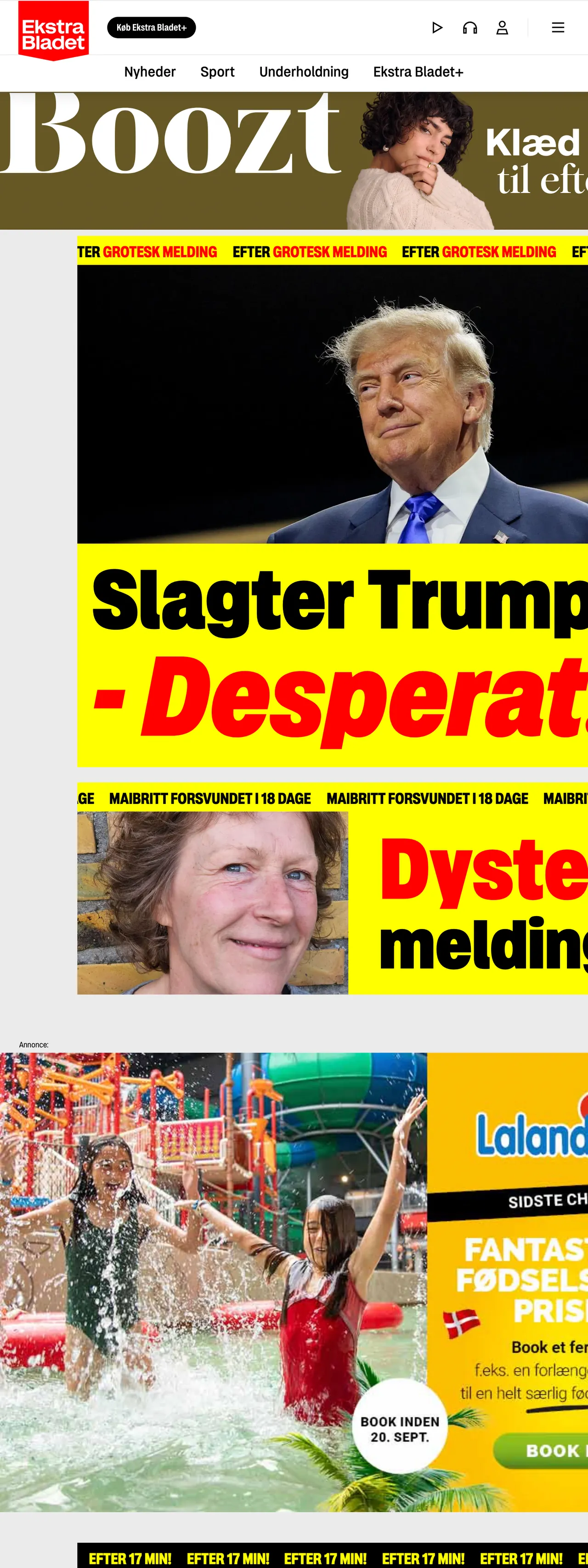 Screenshot of the Ekstra Bladet front page