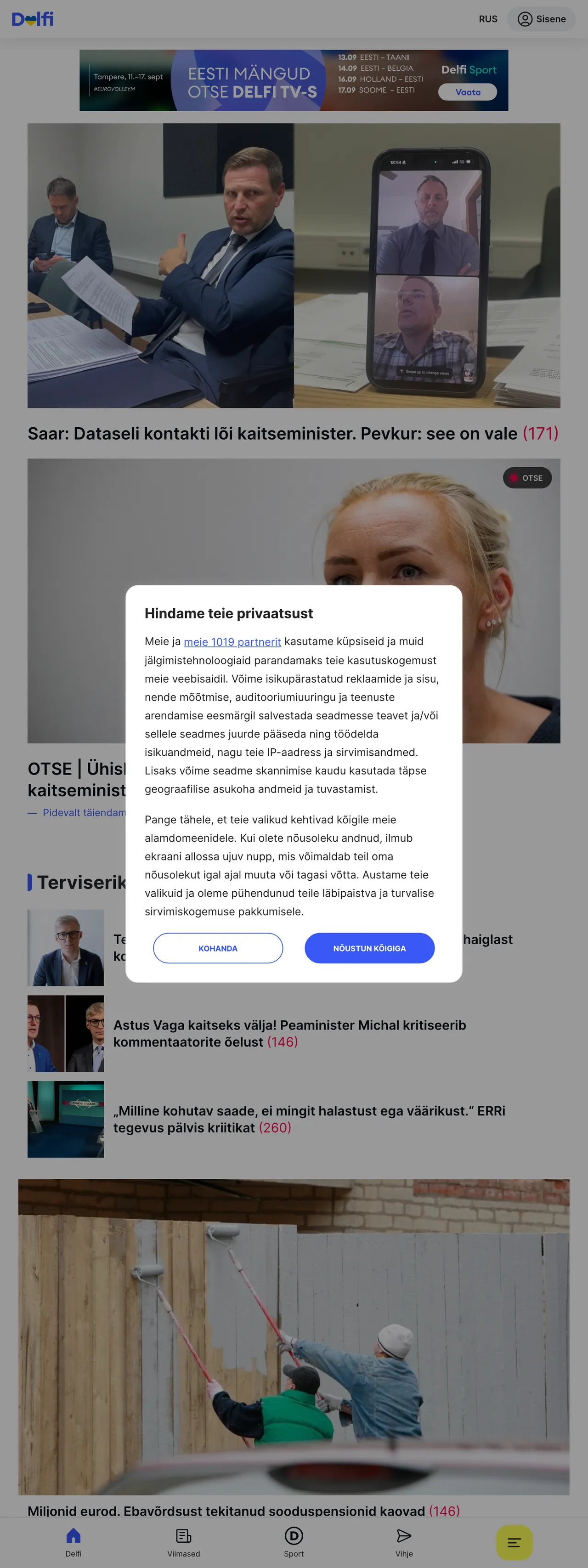 Screenshot of the Delfi front page
