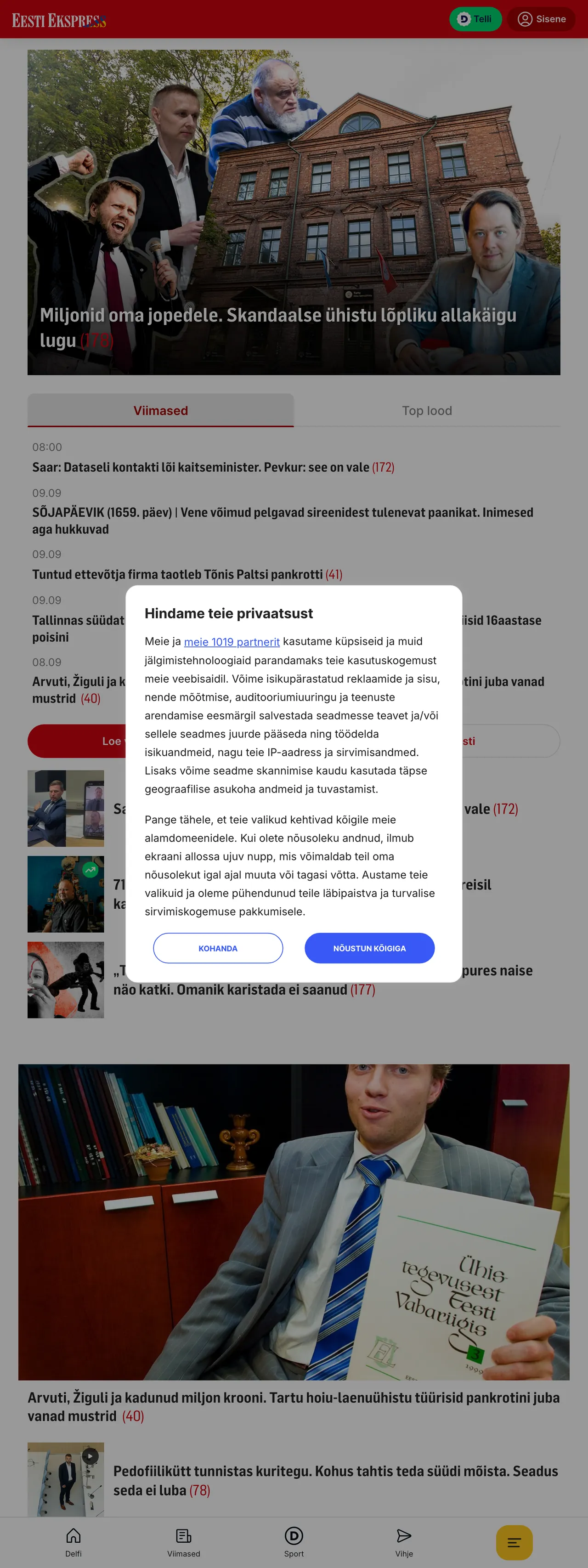 Screenshot of the Eesti Ekspress front page