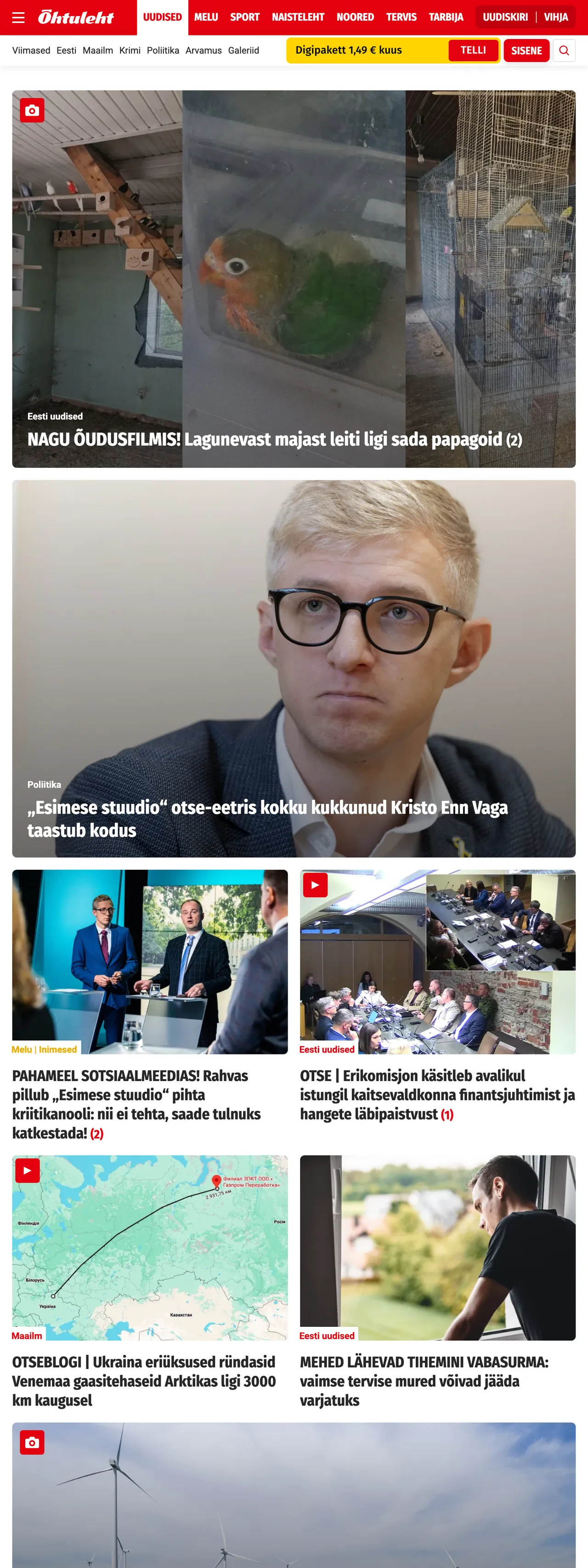 Screenshot of the Õhtuleht front page
