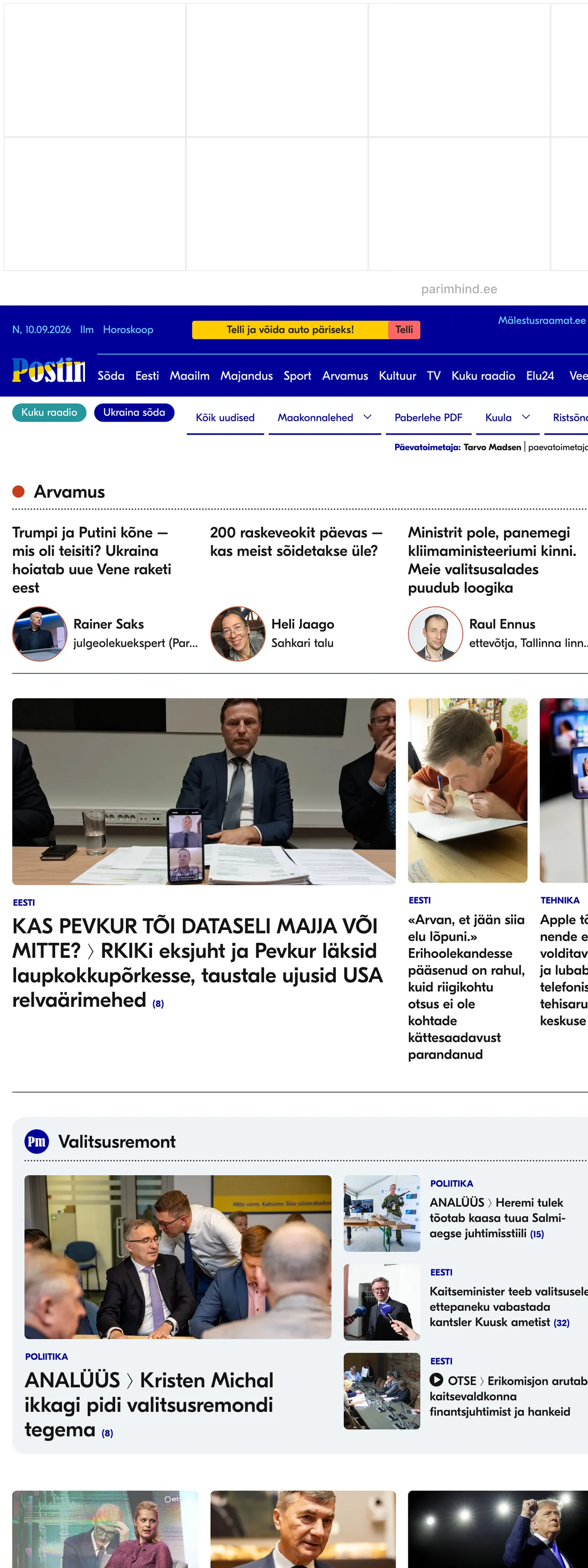 Screenshot of the Postimees front page