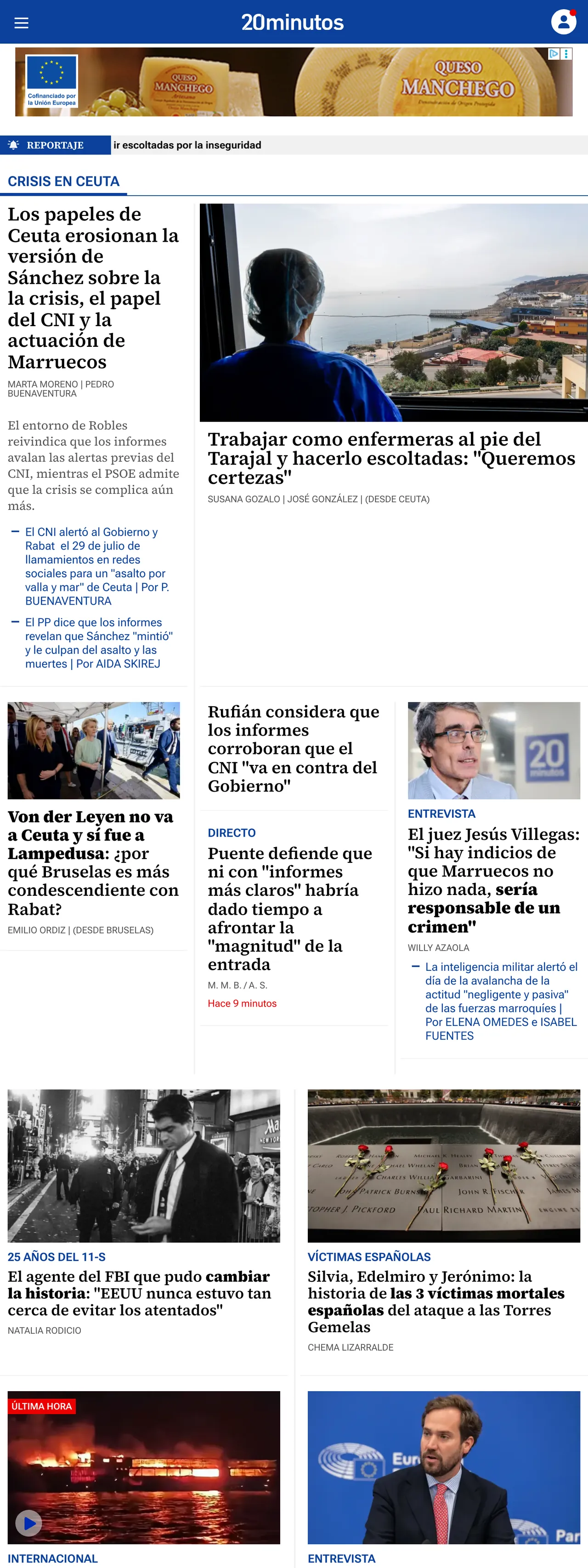 Screenshot of the 20minutos front page