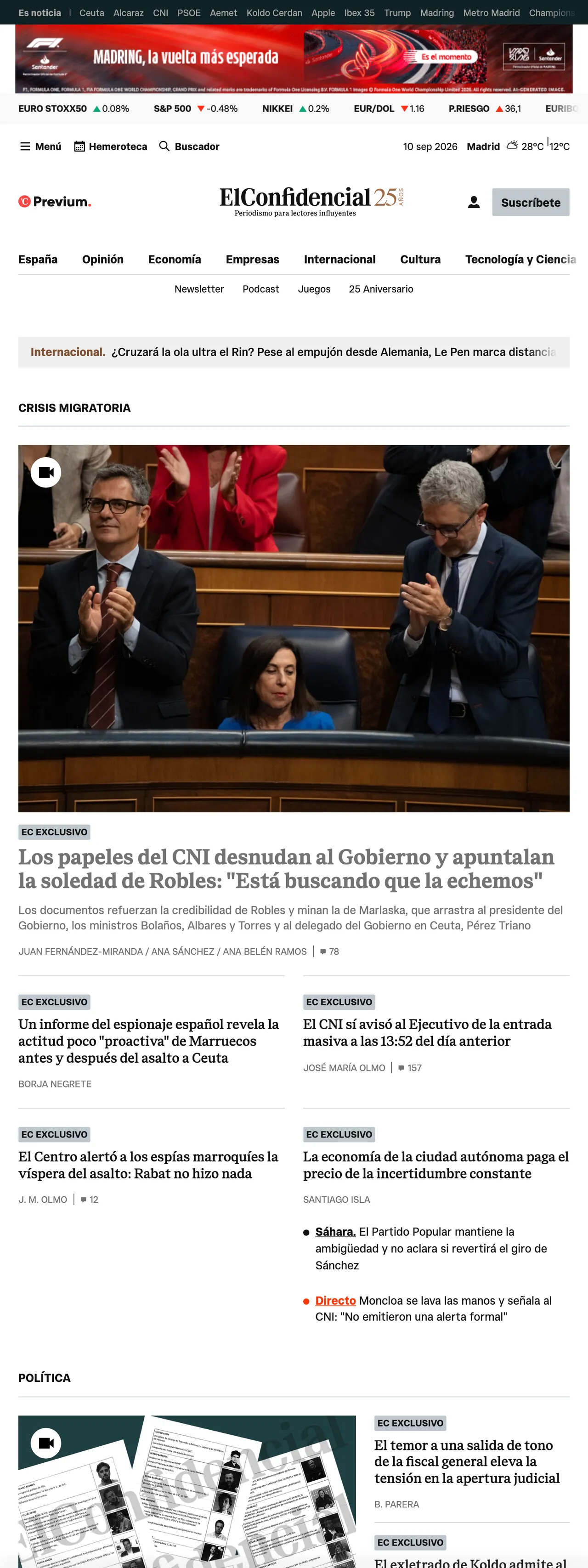 Screenshot of the El Confidencial front page