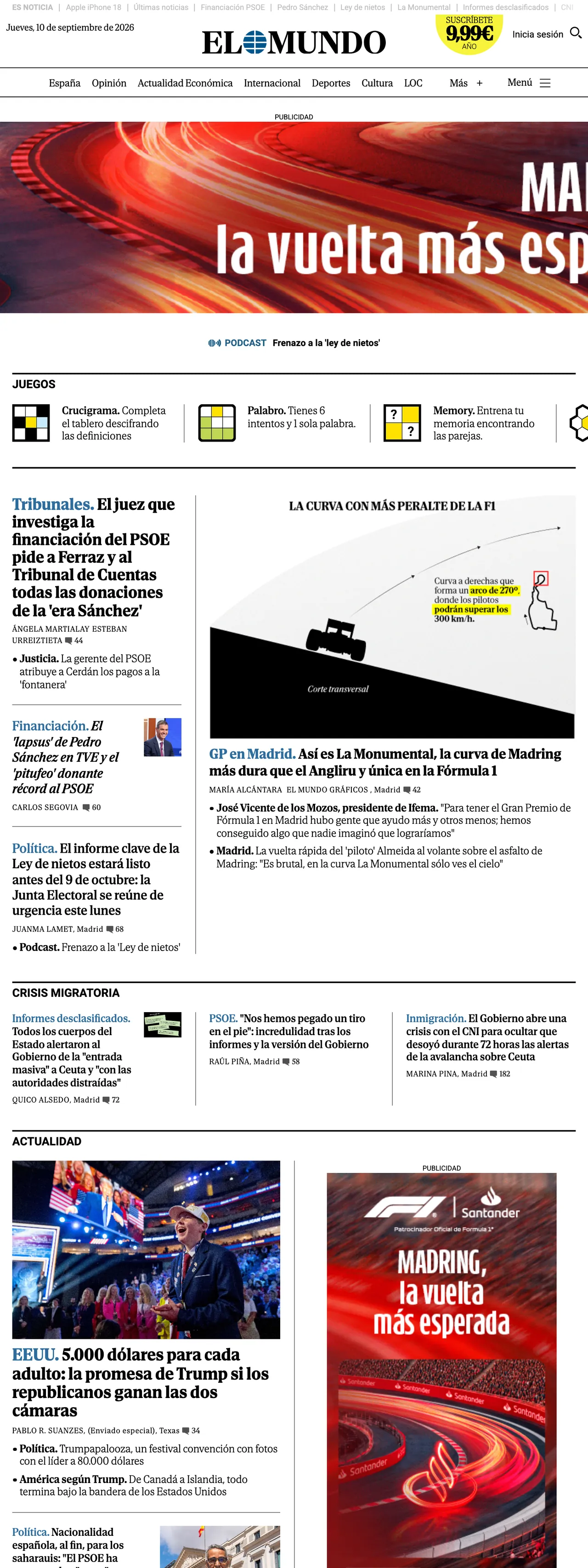 Screenshot of the El Mundo front page