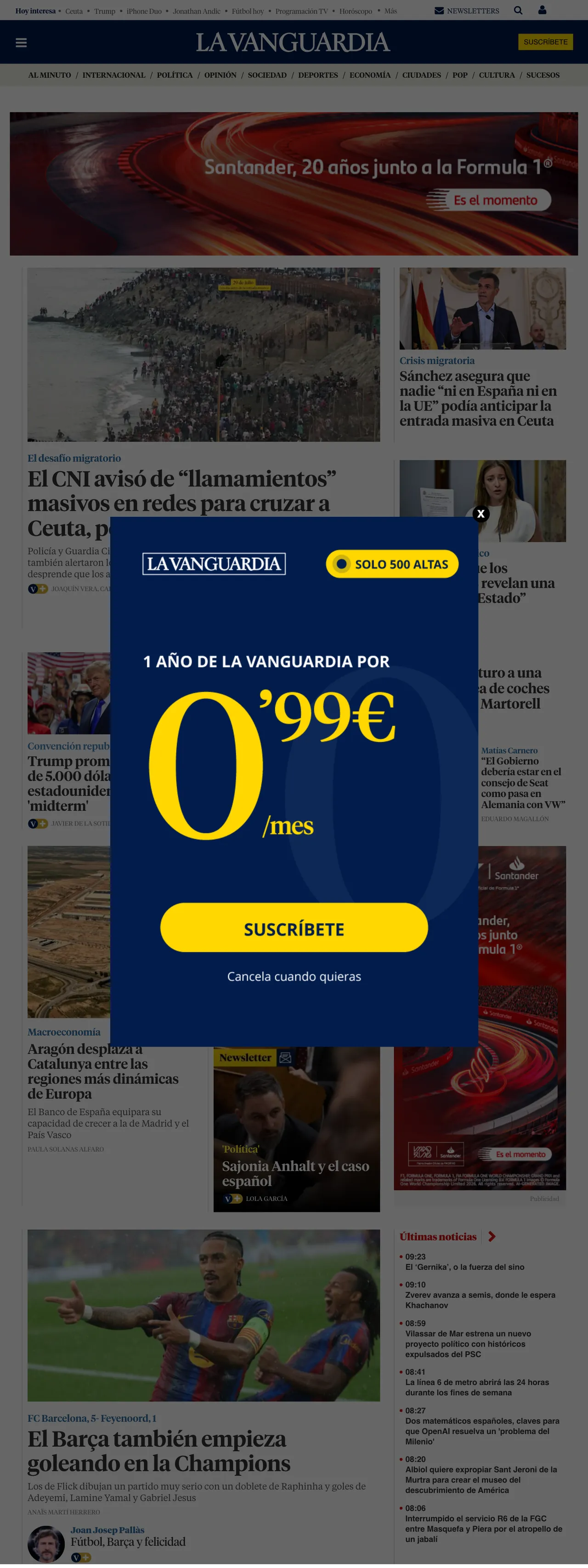 Screenshot of the La Vanguardia front page