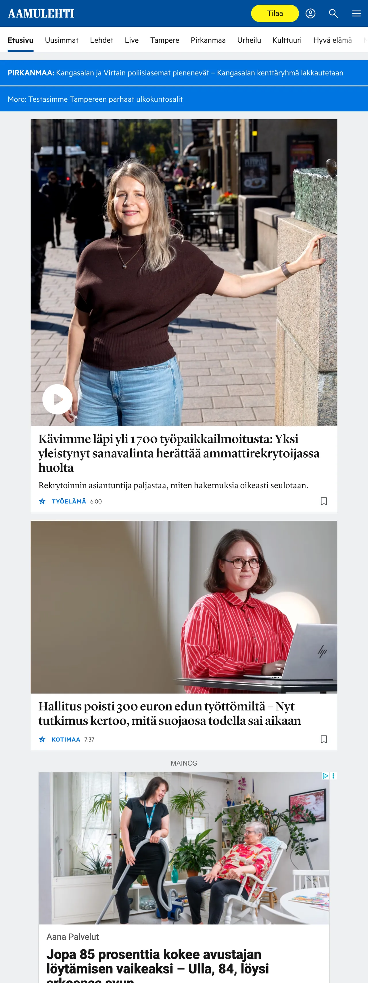 Screenshot of the Aamulehti front page