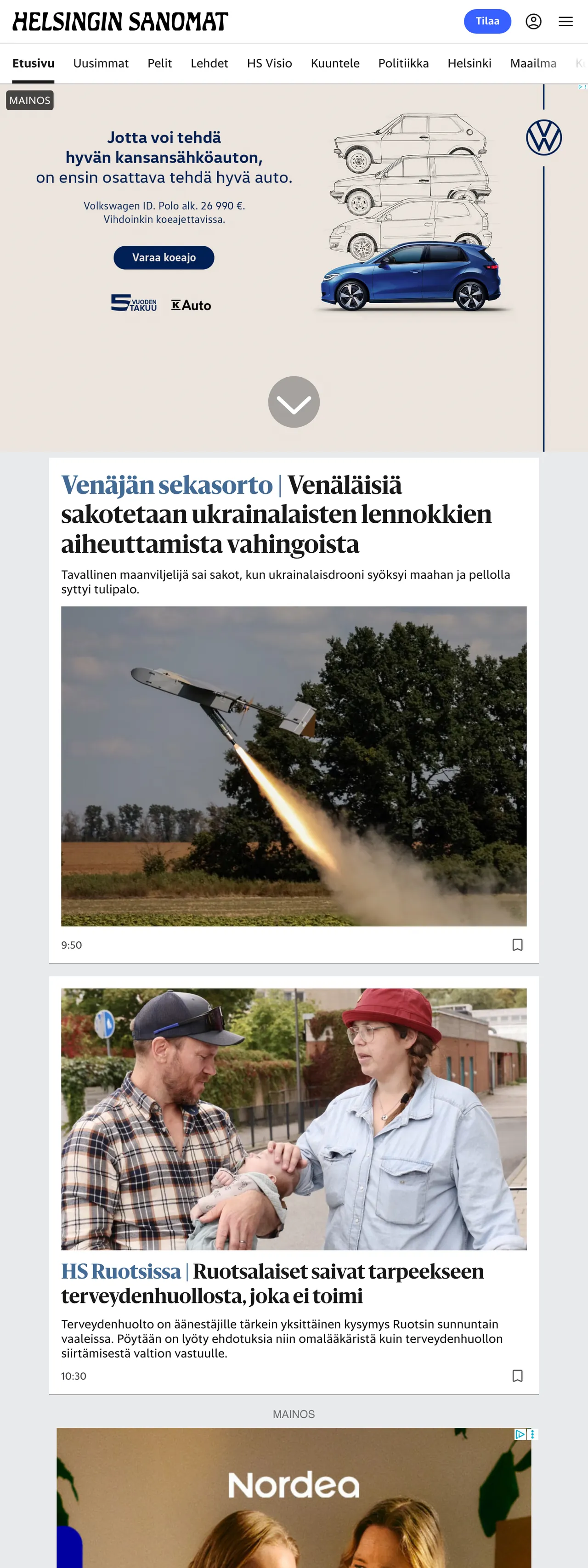 Screenshot of the Helsingin Sanomat front page
