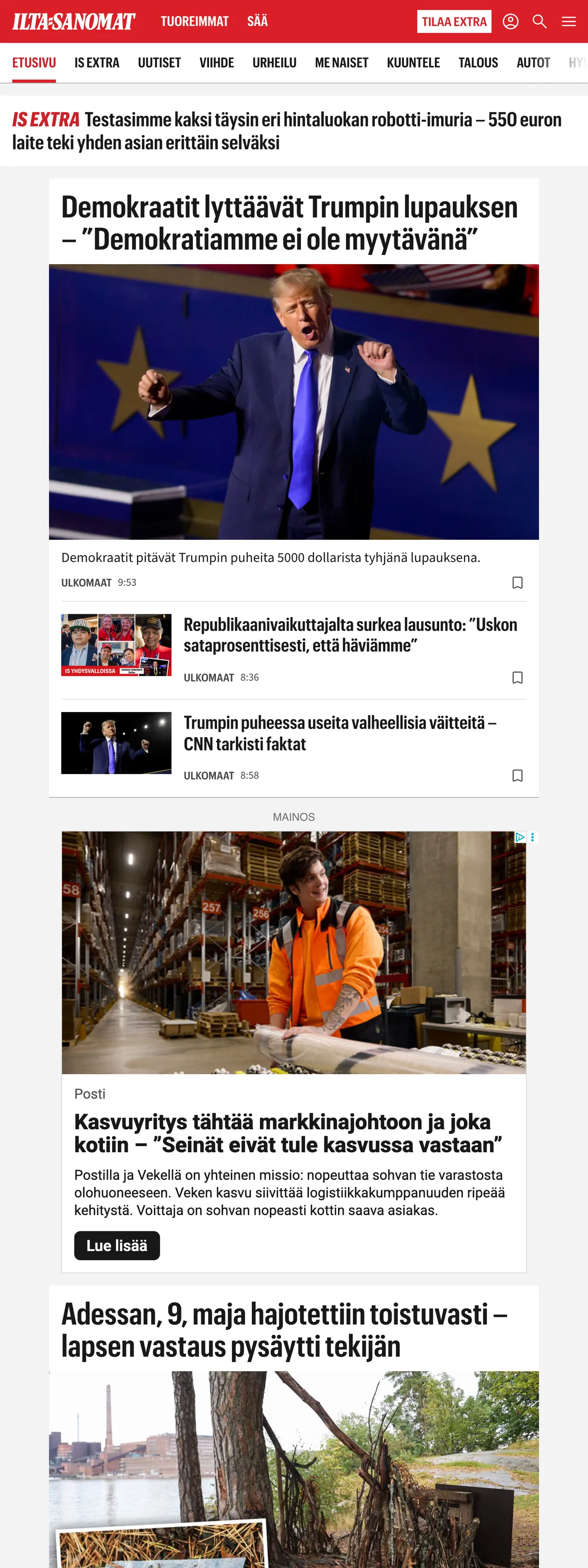 Screenshot of the Ilta-Sanomat front page