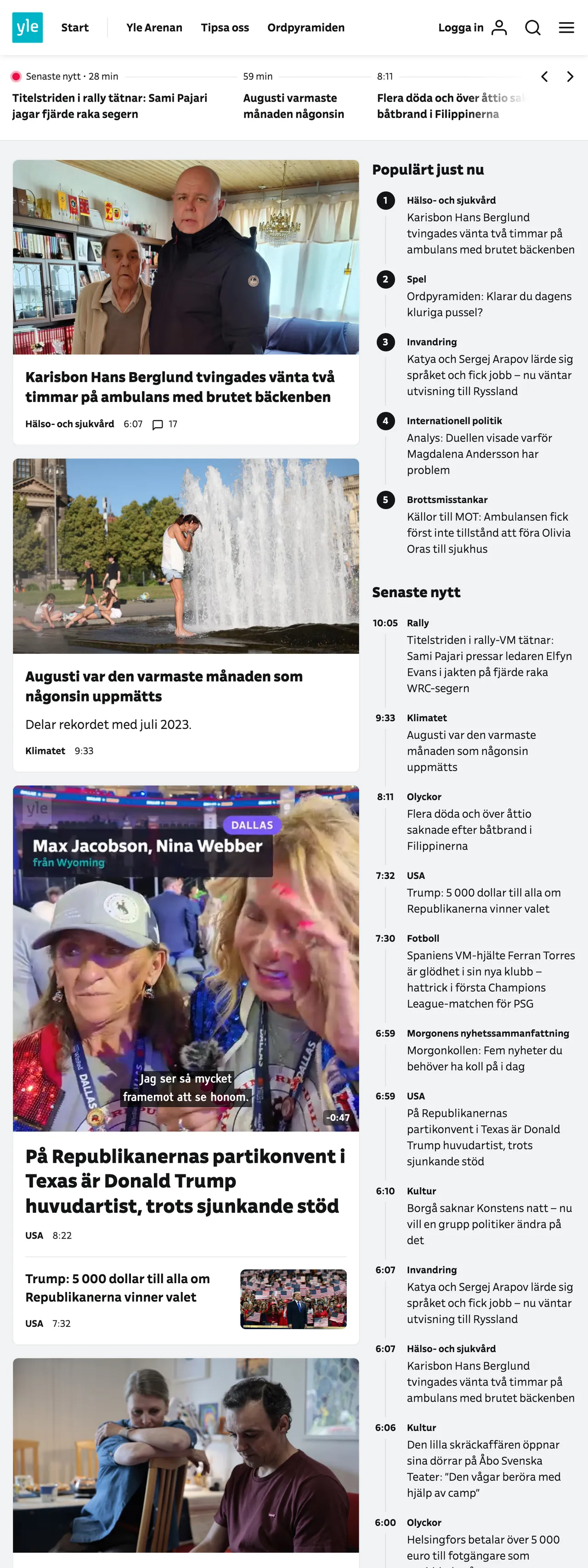 Screenshot of the Svenska Yle front page