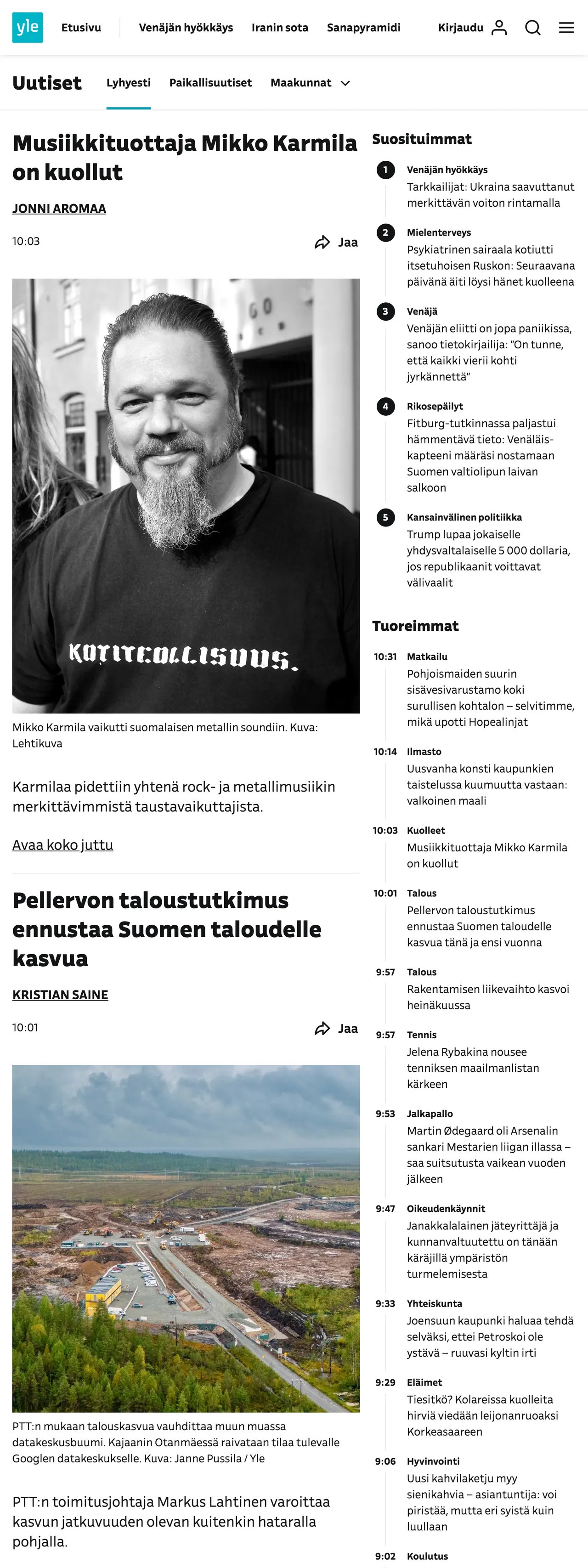 Screenshot of the Yle front page