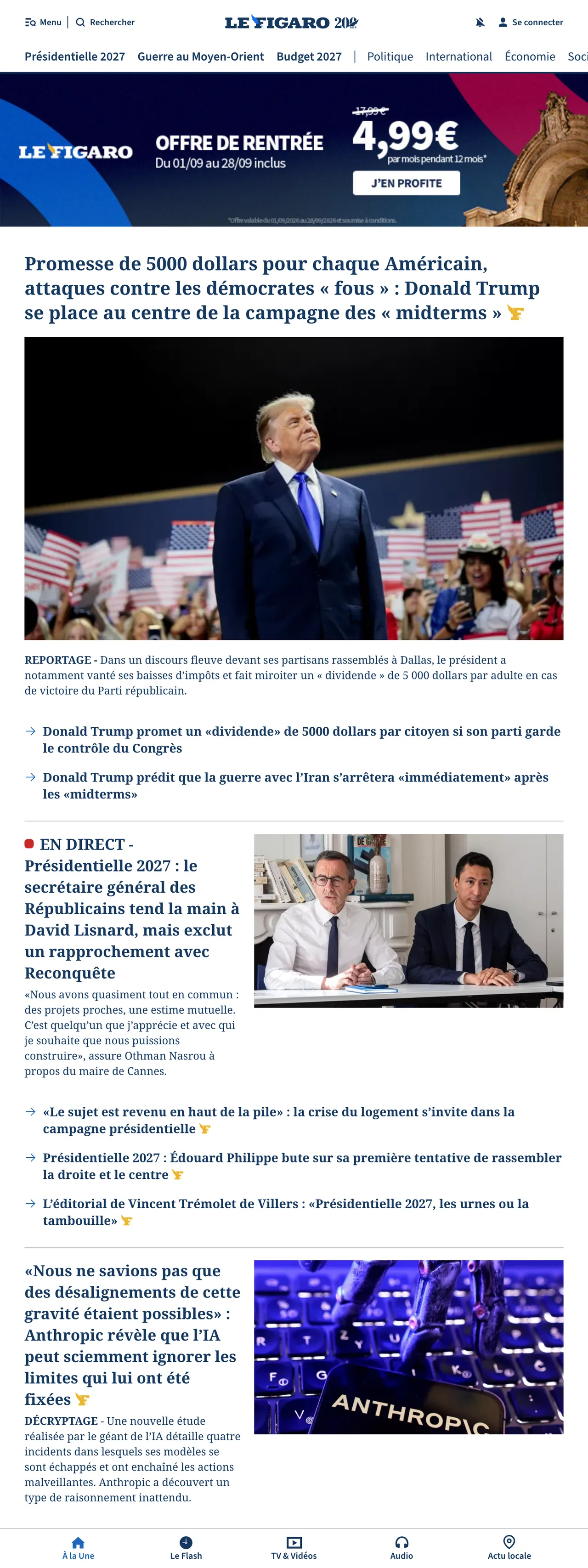 Screenshot of the Le Figaro front page