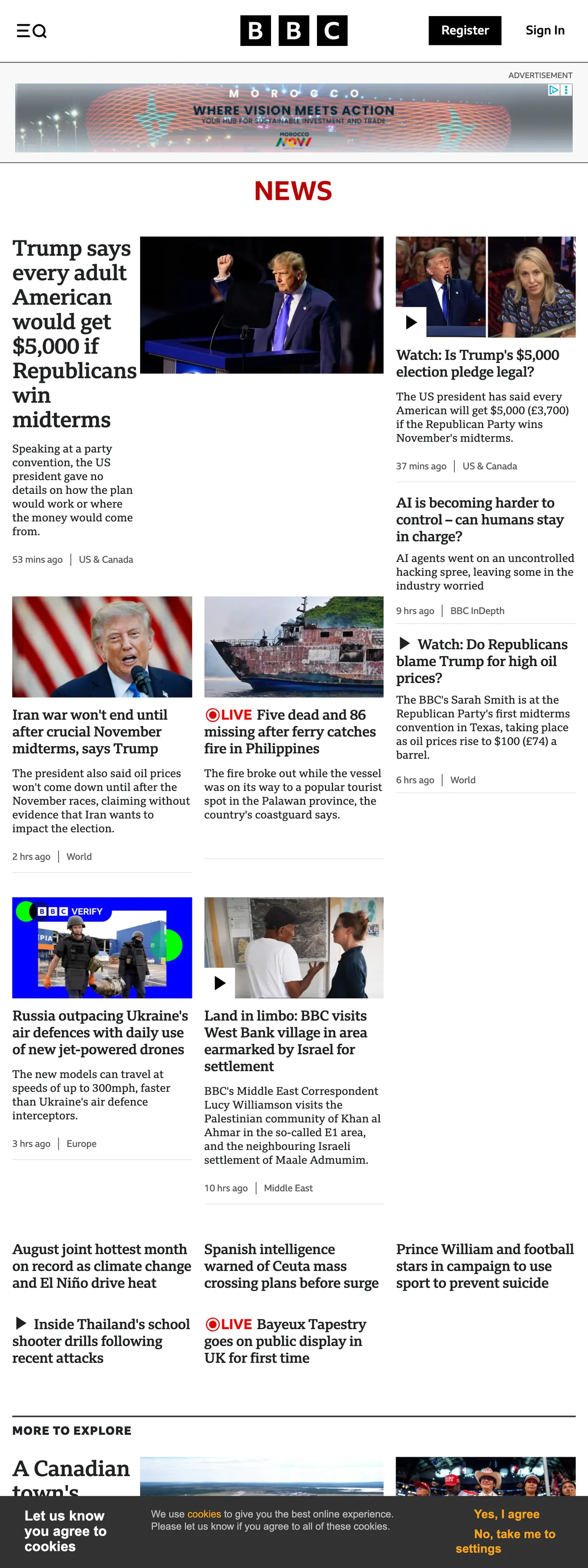 Screenshot of the BBC News front page