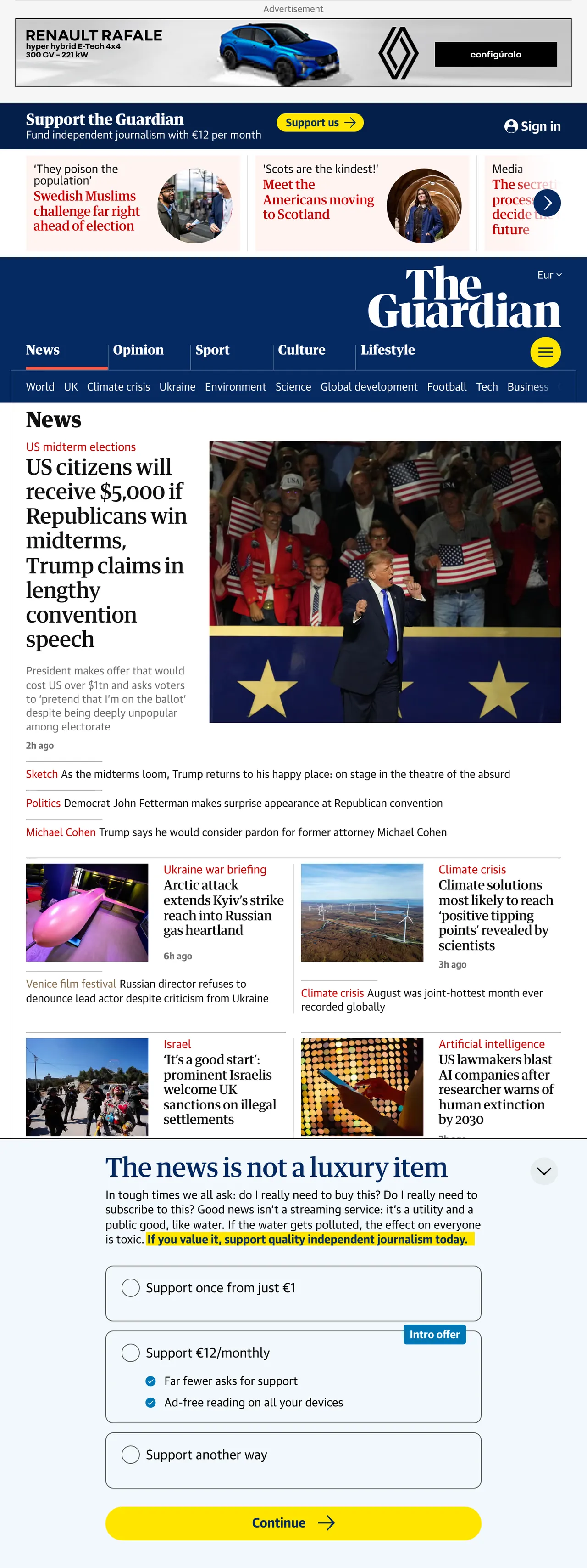Screenshot of the The Guardian front page