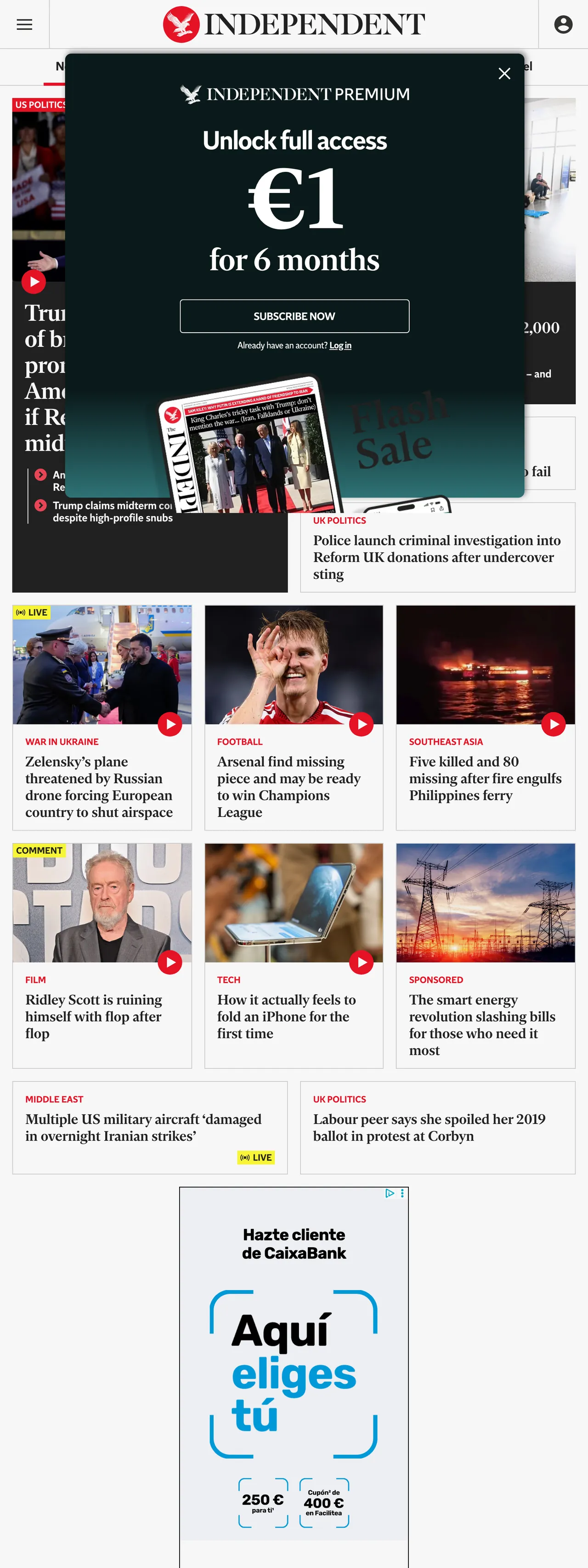 Screenshot of the The Independent front page