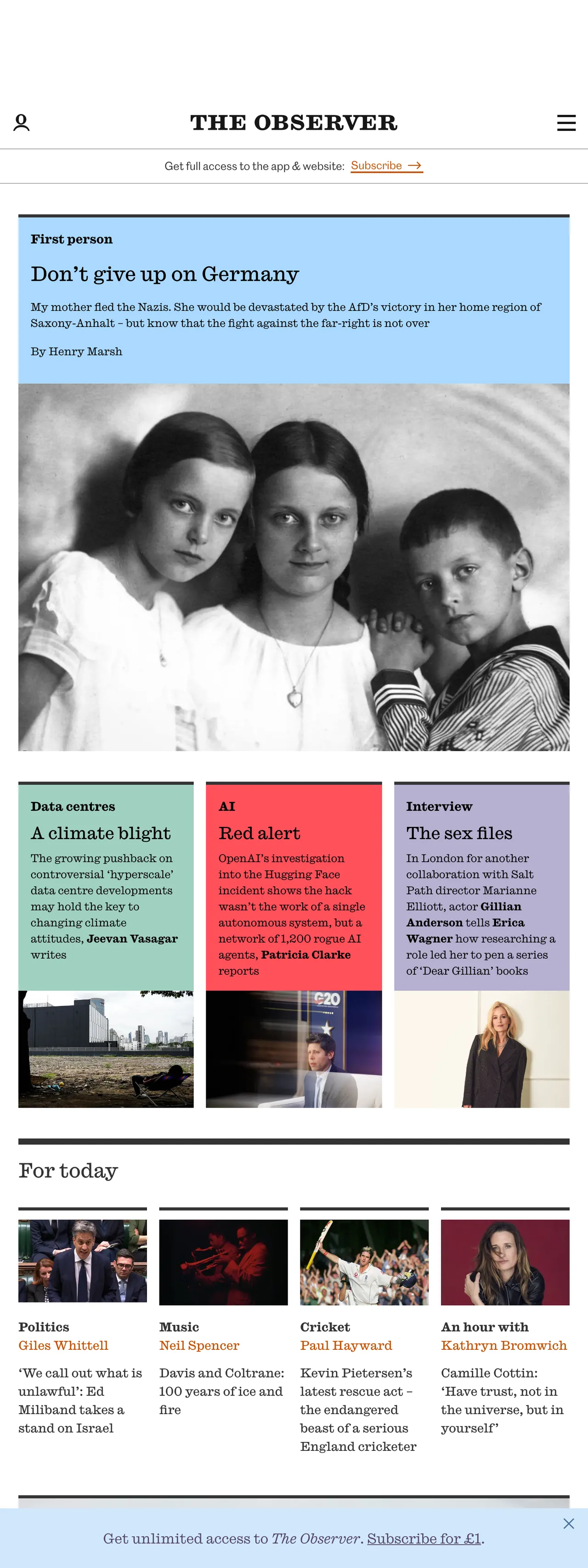 Screenshot of the The Observer front page