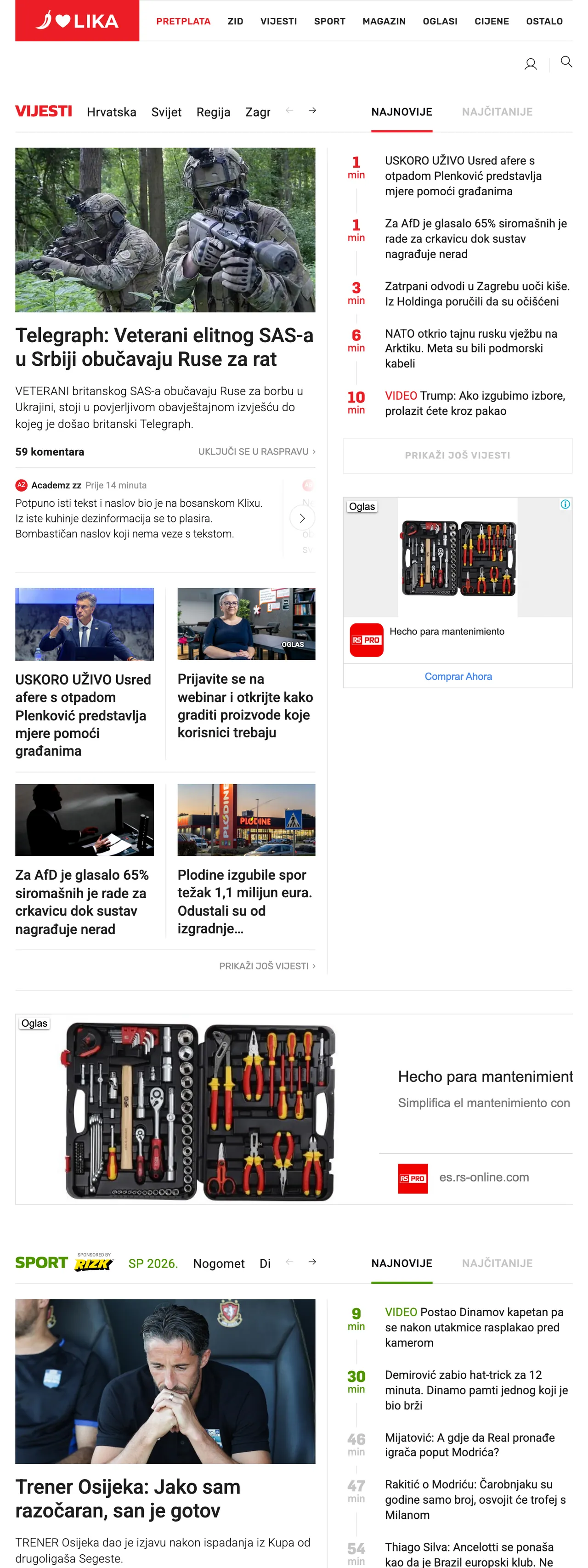 Screenshot of the Index.hr front page