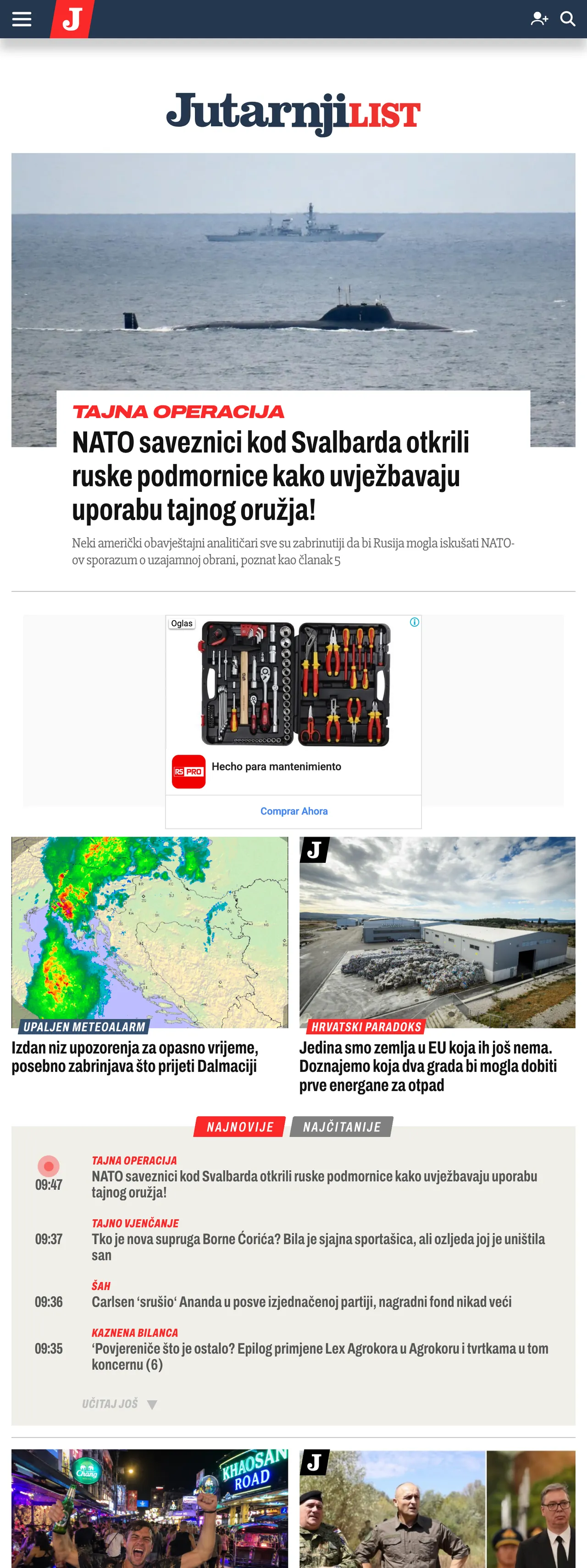 Screenshot of the Jutarnji list front page