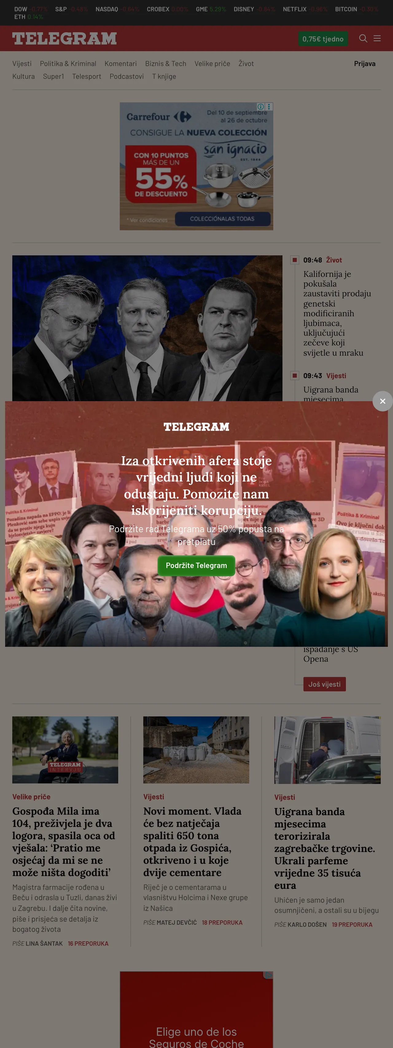 Screenshot of the Telegram.hr front page