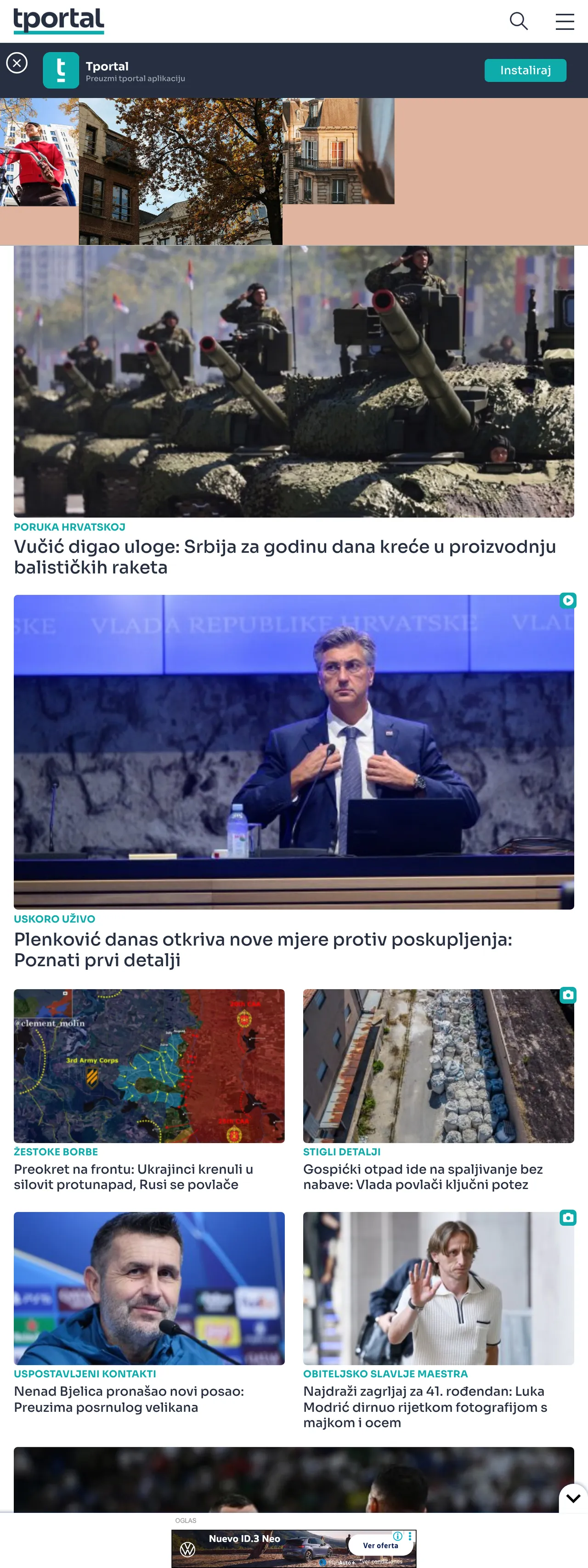 Screenshot of the tportal front page