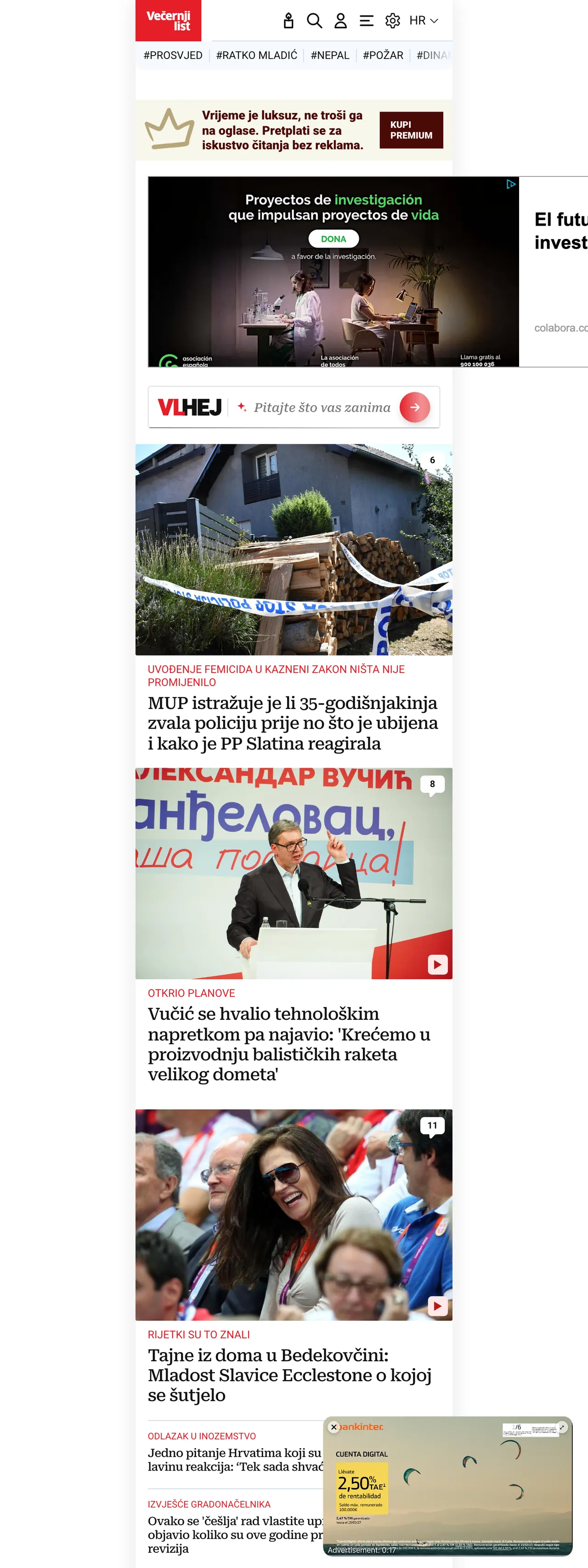 Screenshot of the Večernji list front page