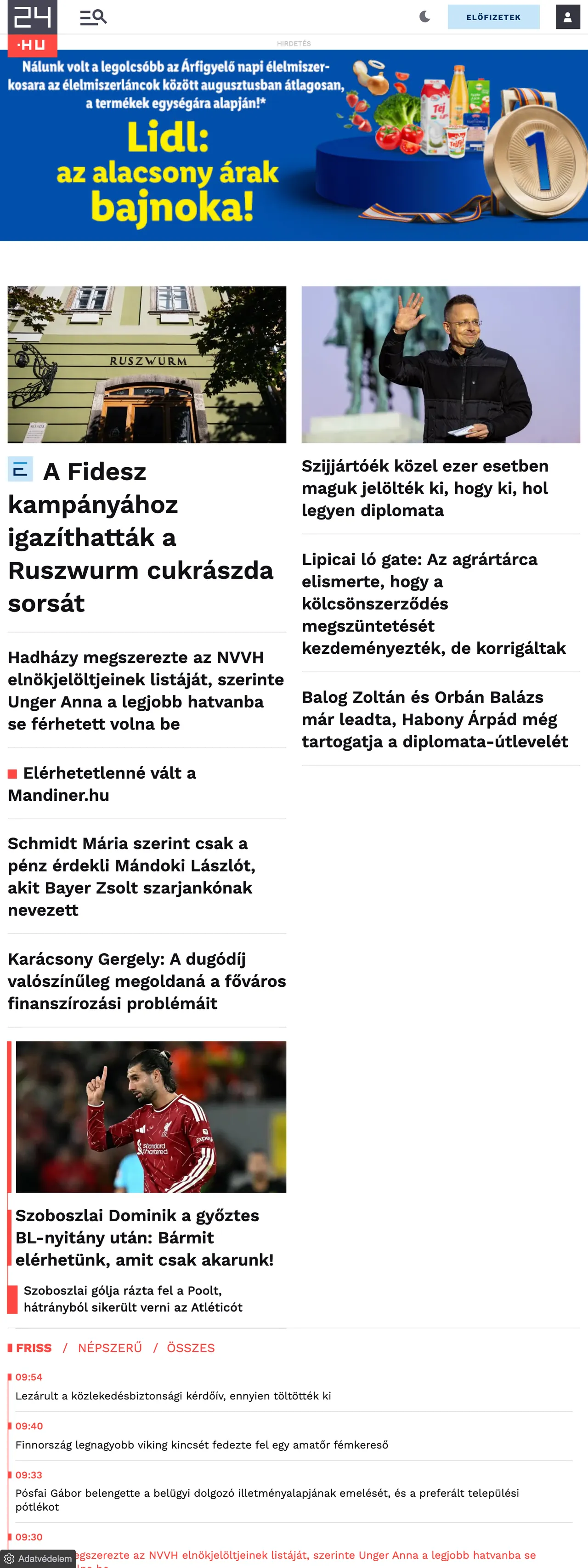 Screenshot of the 24.hu front page