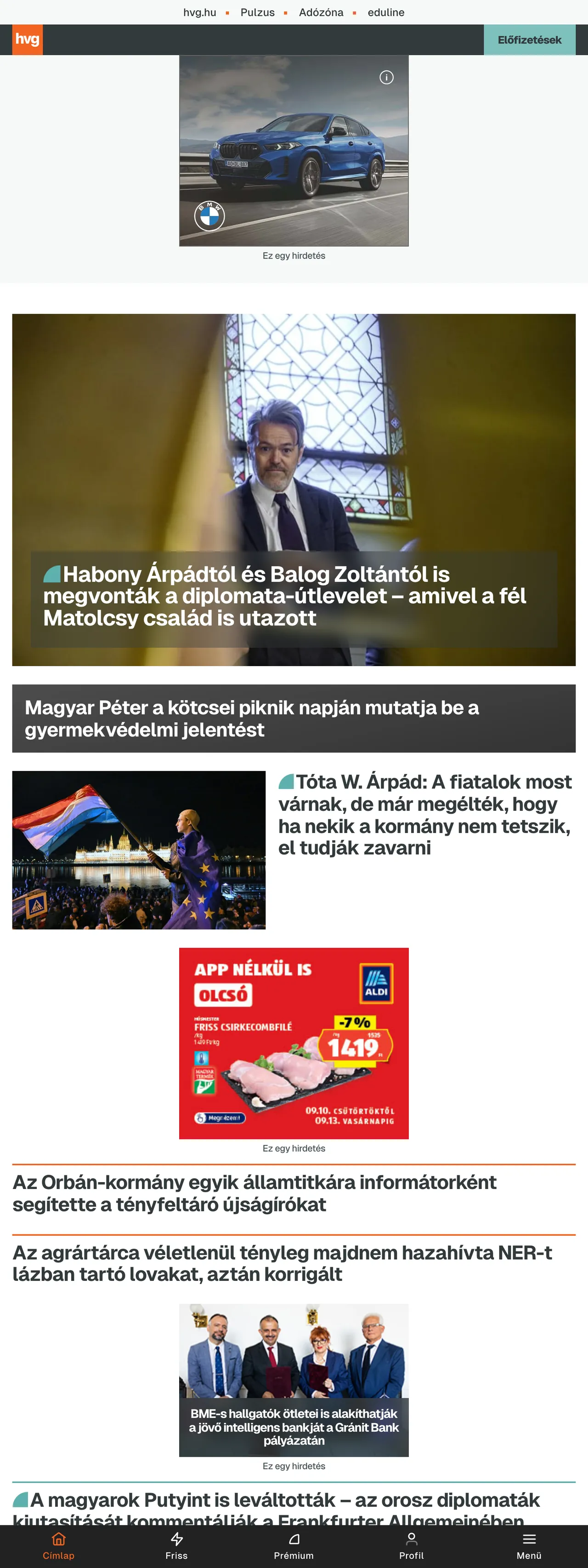 Screenshot of the HVG front page
