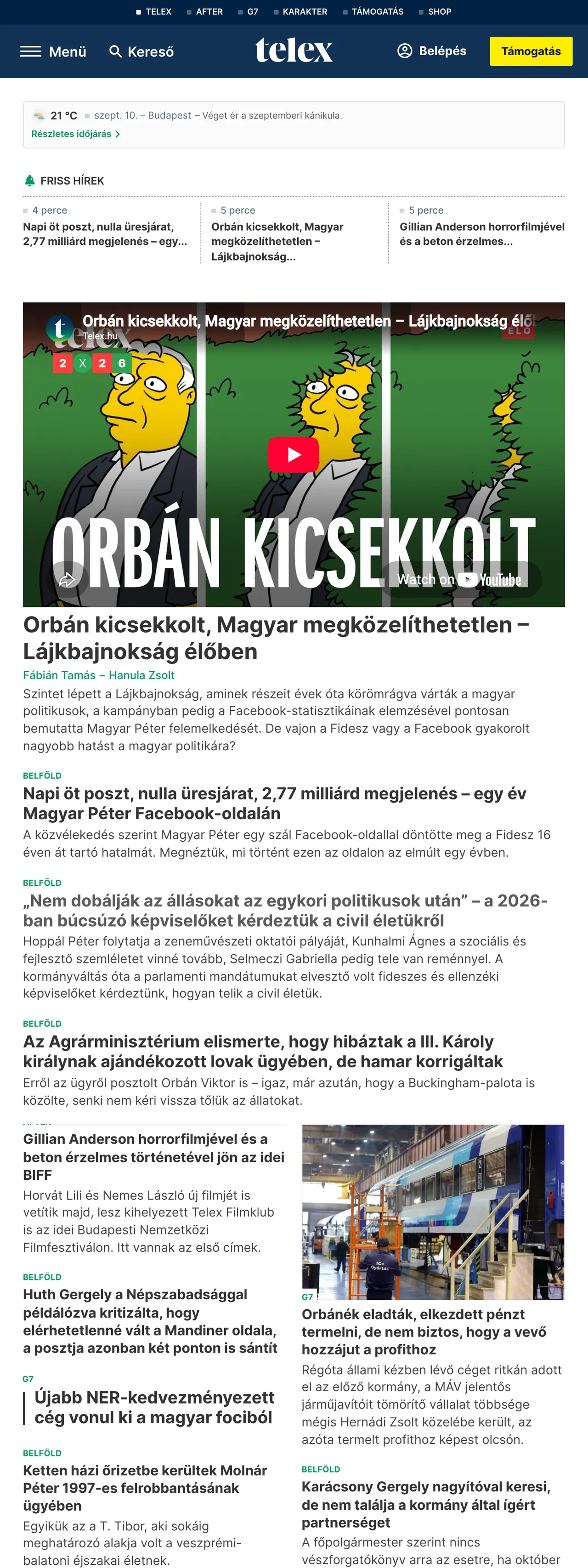 Screenshot of the Telex front page