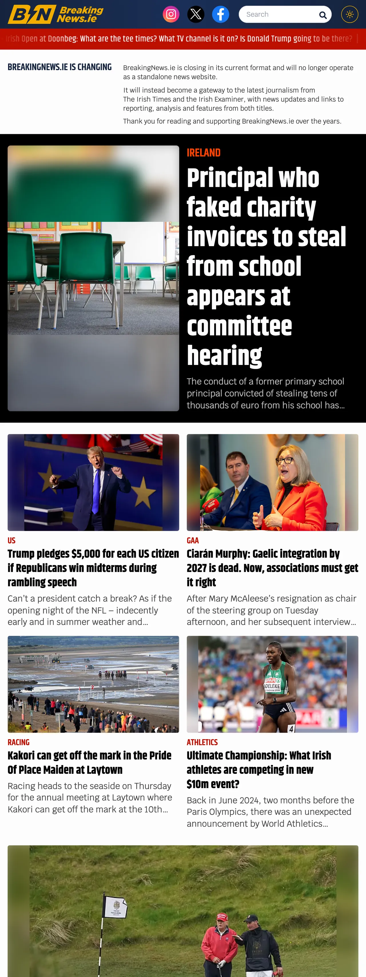 Screenshot of the BreakingNews.ie front page