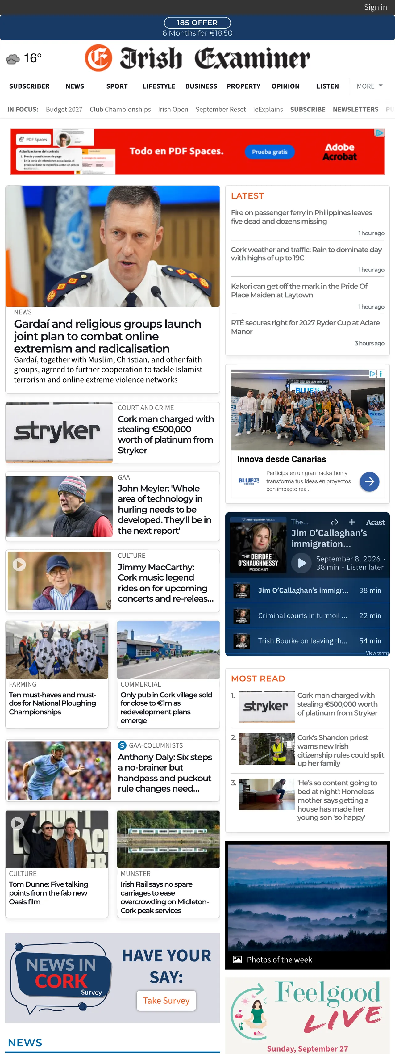 Screenshot of the Irish Examiner front page