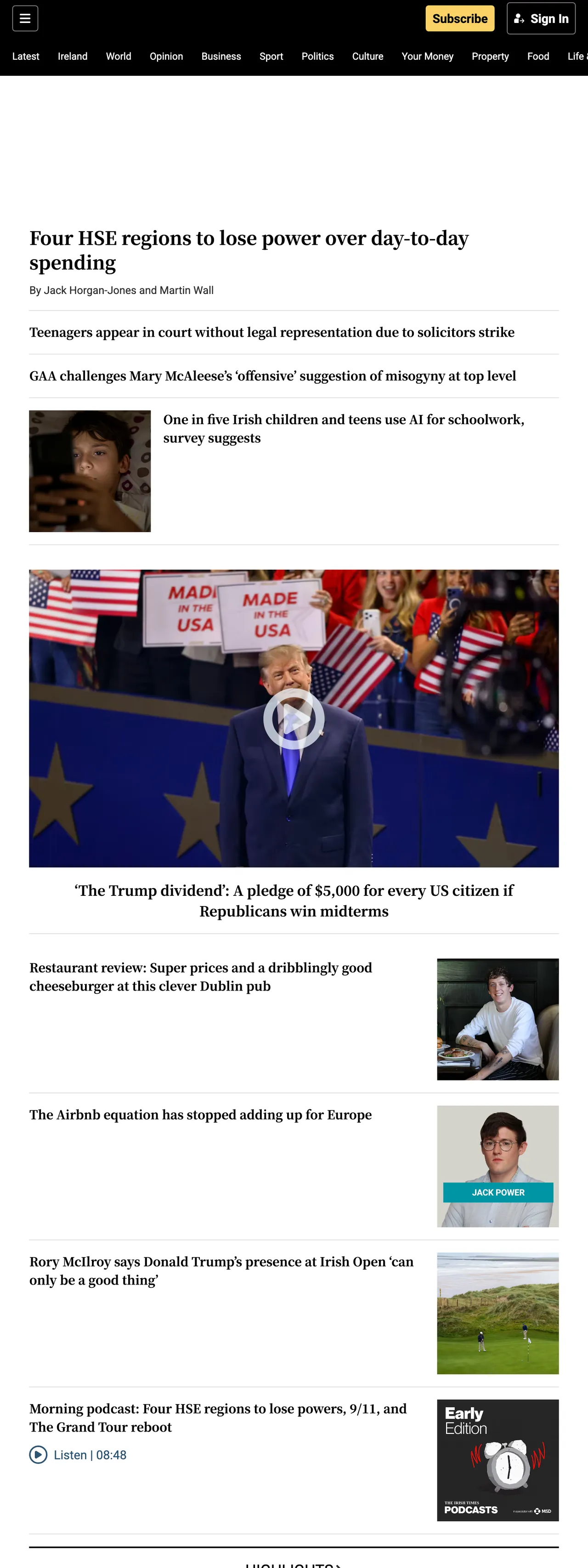 Screenshot of the The Irish Times front page