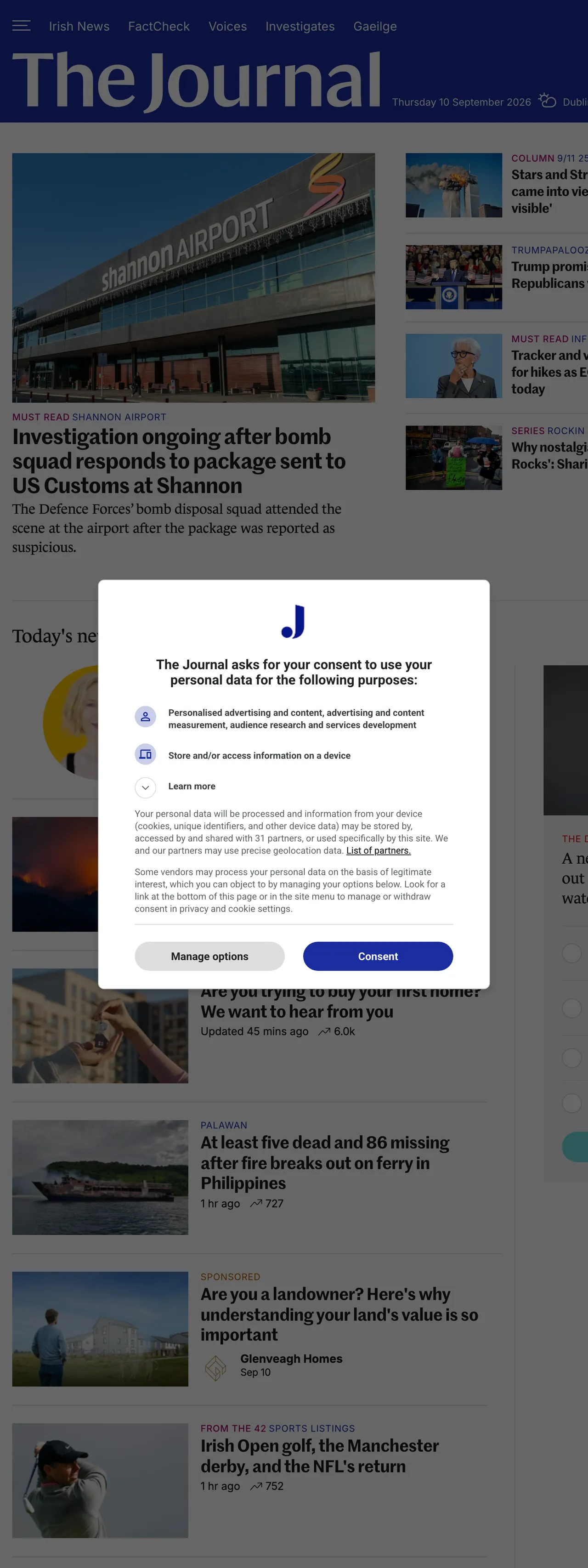 Screenshot of the TheJournal.ie front page