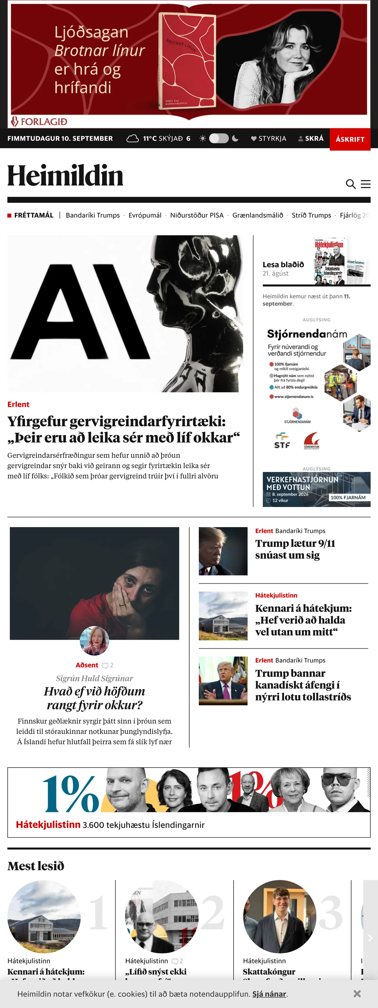 Screenshot of the Heimildin front page