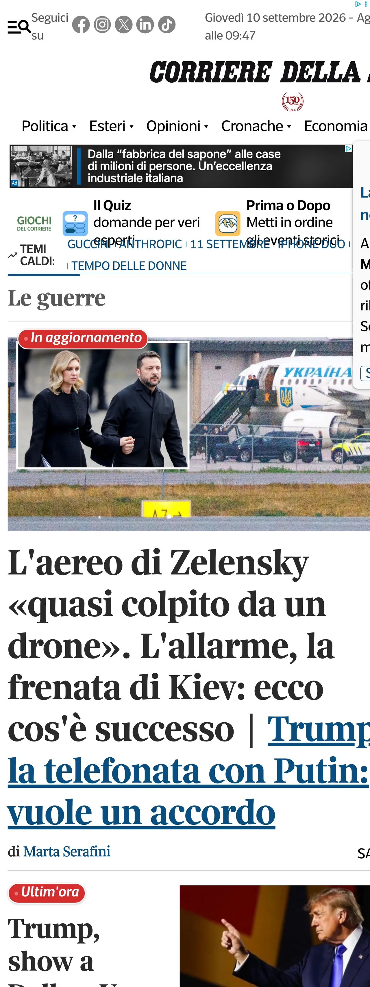 Screenshot of the Corriere della Sera front page