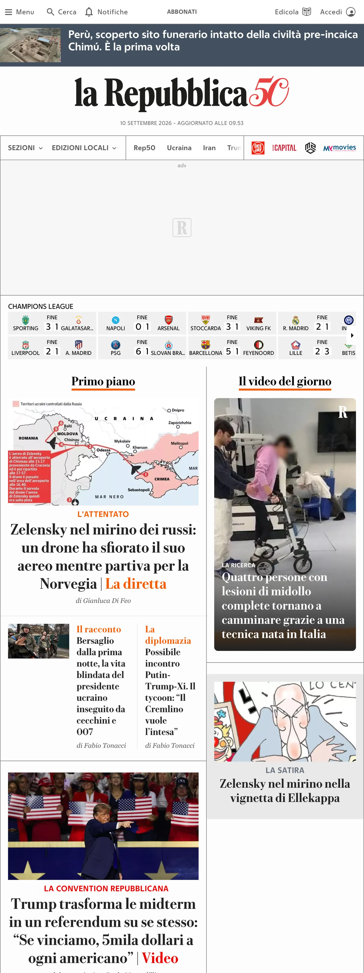 Screenshot of the la Repubblica front page