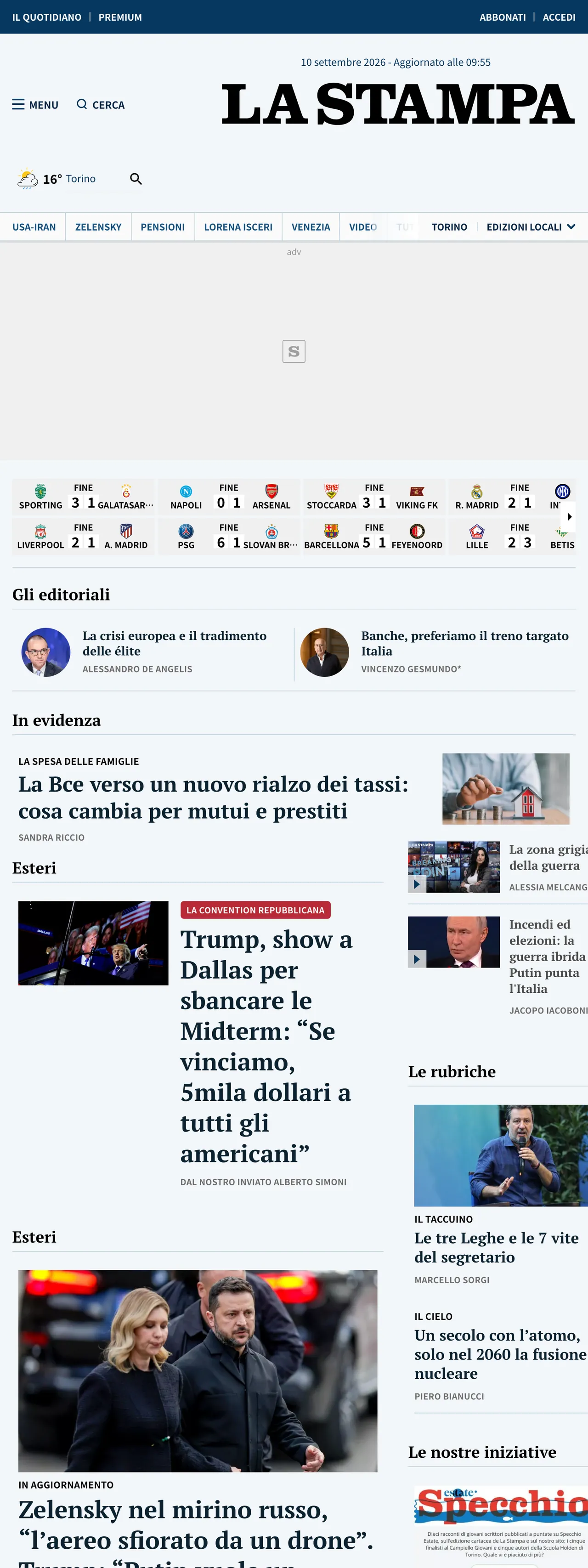Screenshot of the La Stampa front page
