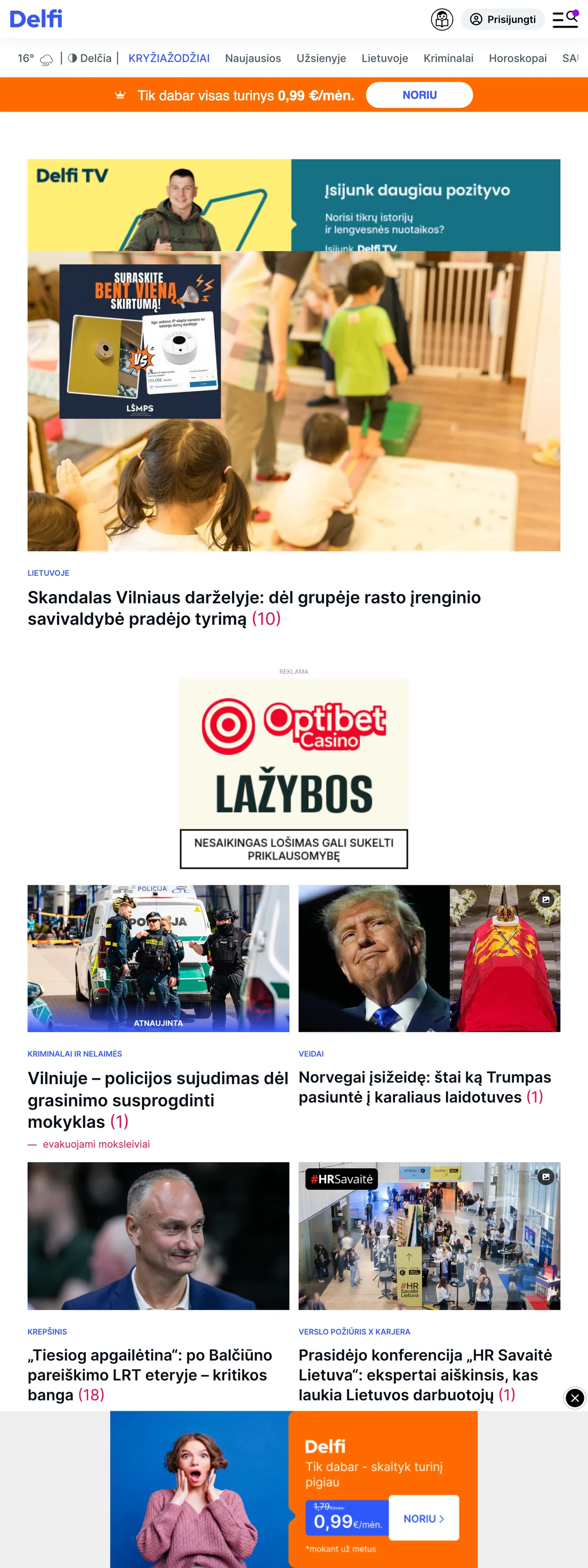 Screenshot of the Delfi front page