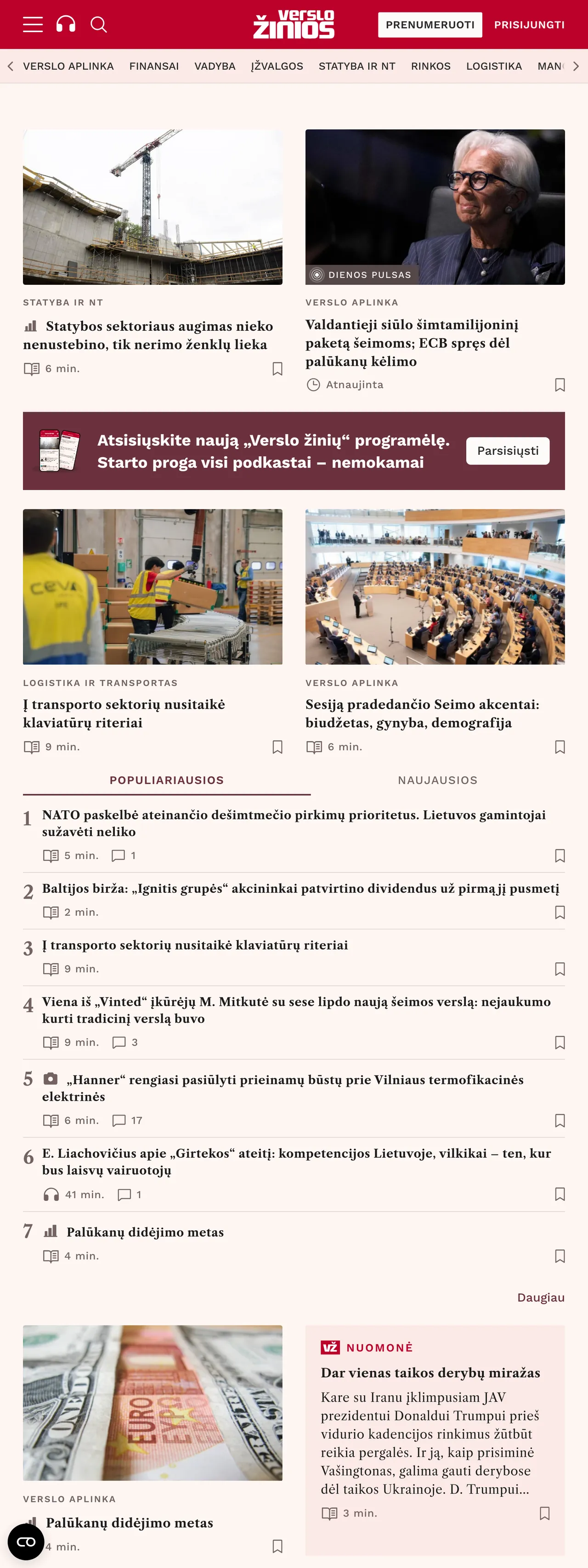 Screenshot of the Verslo žinios front page