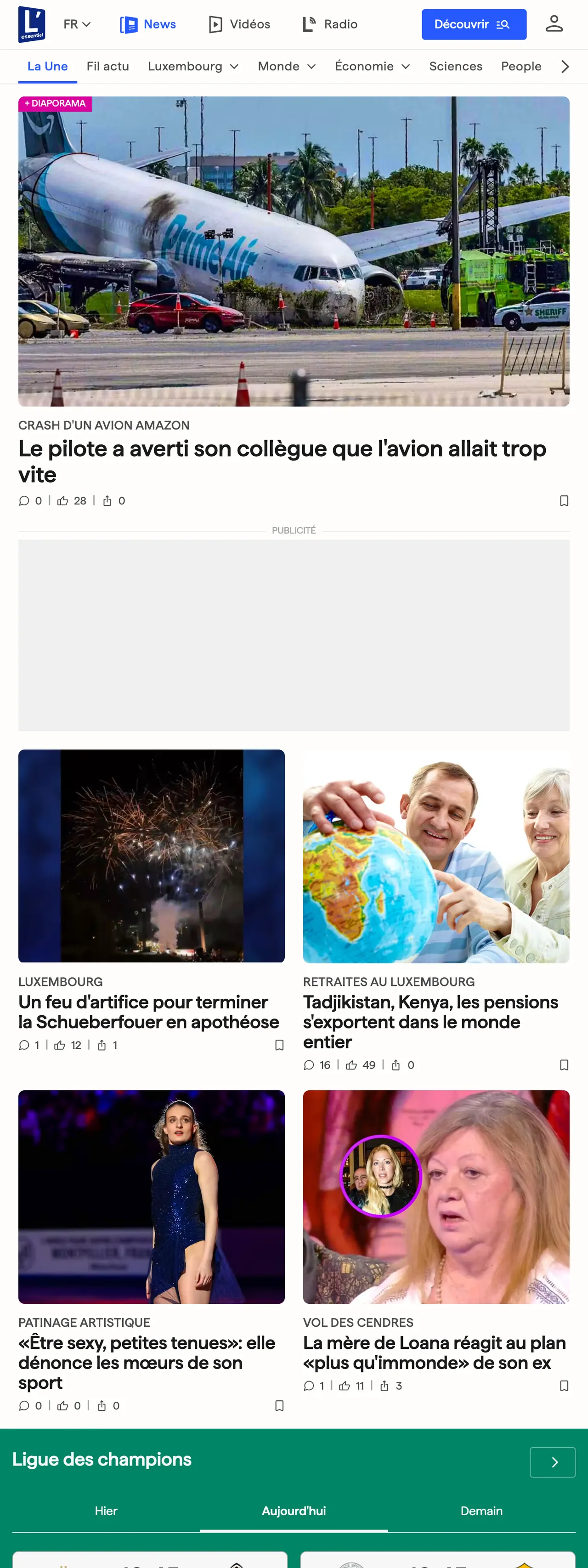 Screenshot of the L'essentiel front page