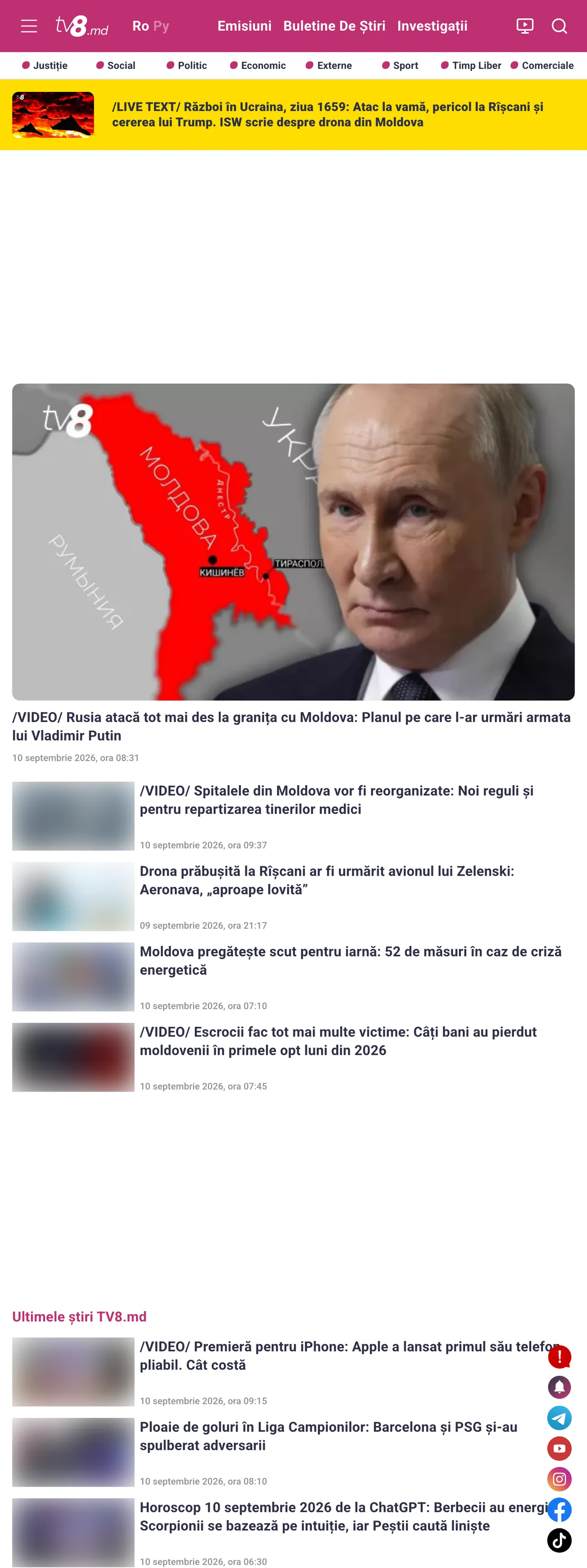 Screenshot of the TV8 front page