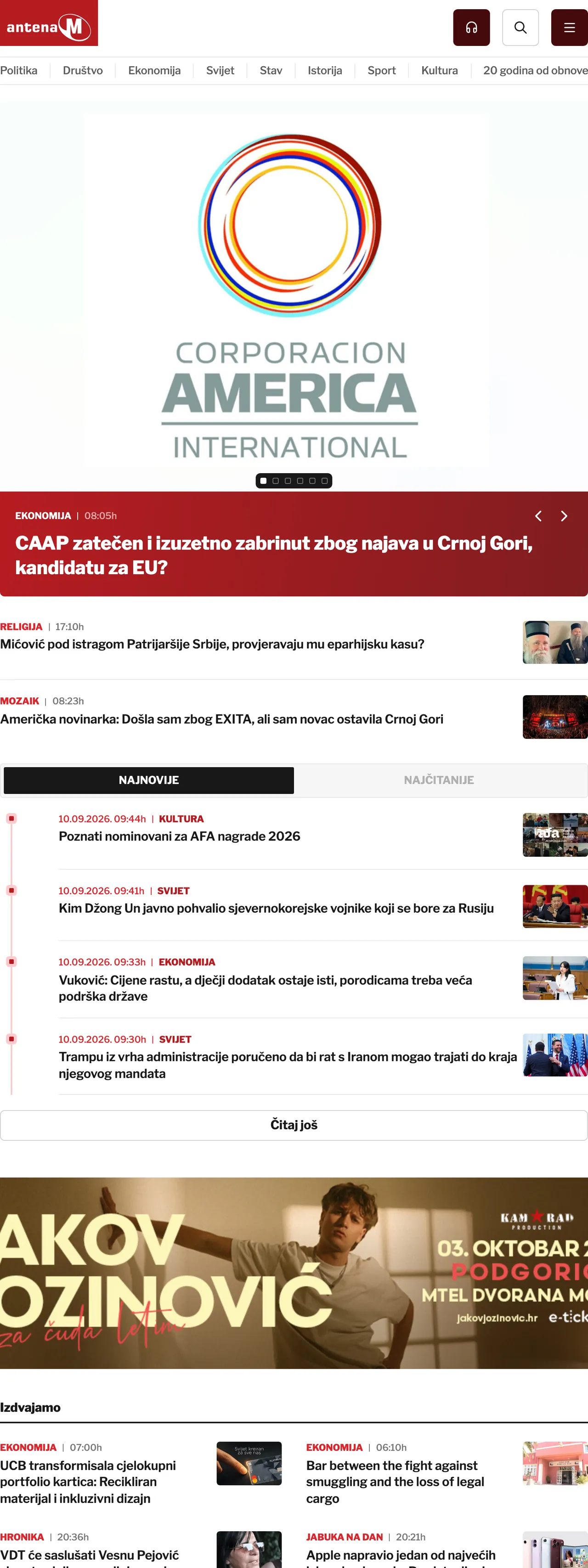 Screenshot of the Antena M front page
