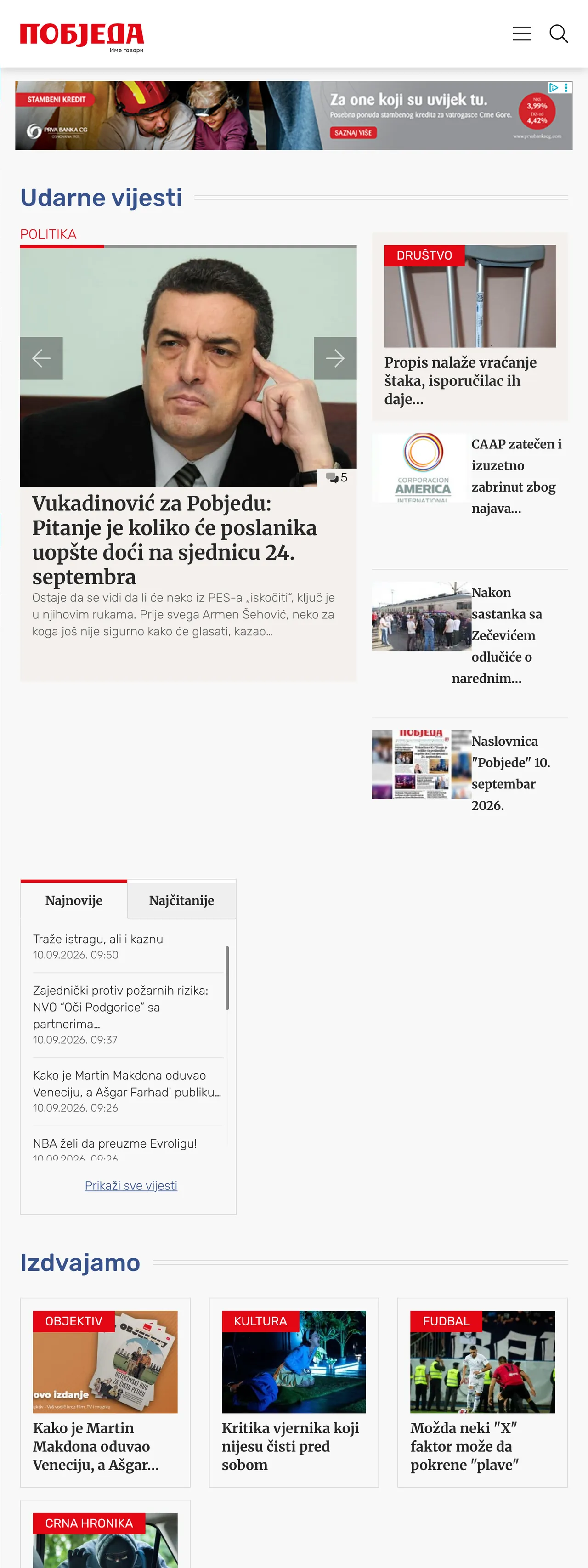 Screenshot of the Pobjeda front page