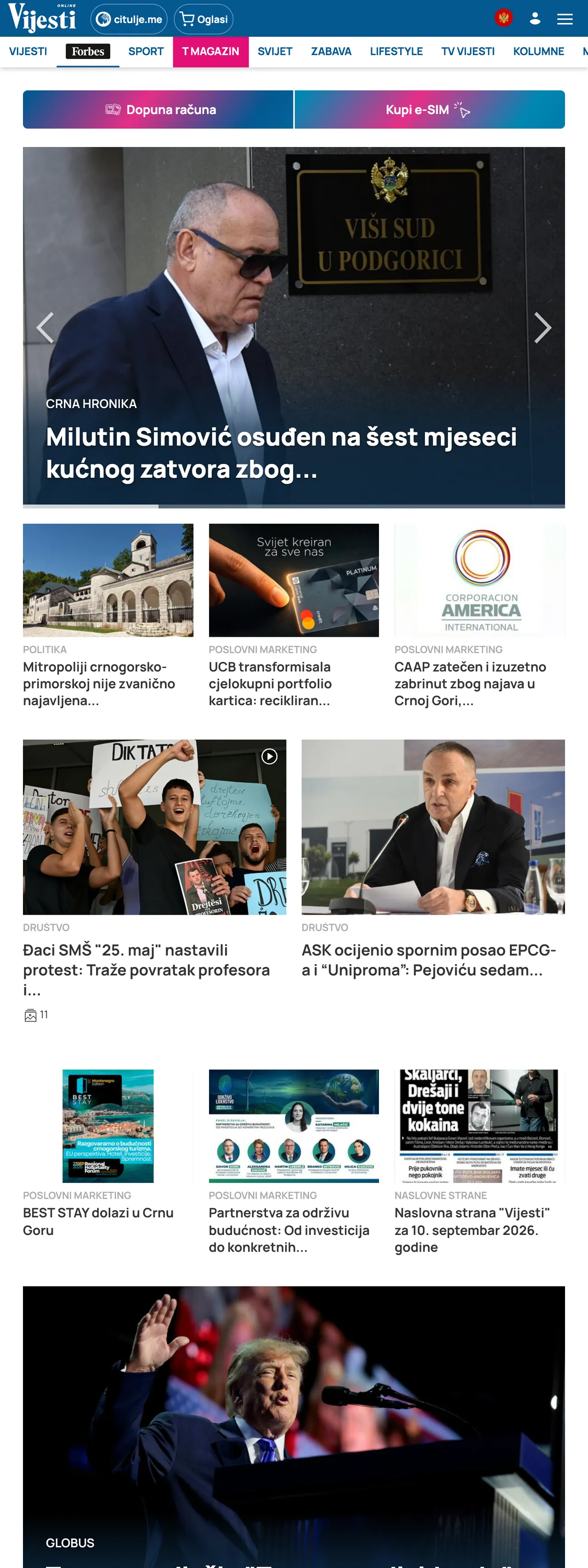 Screenshot of the Vijesti front page