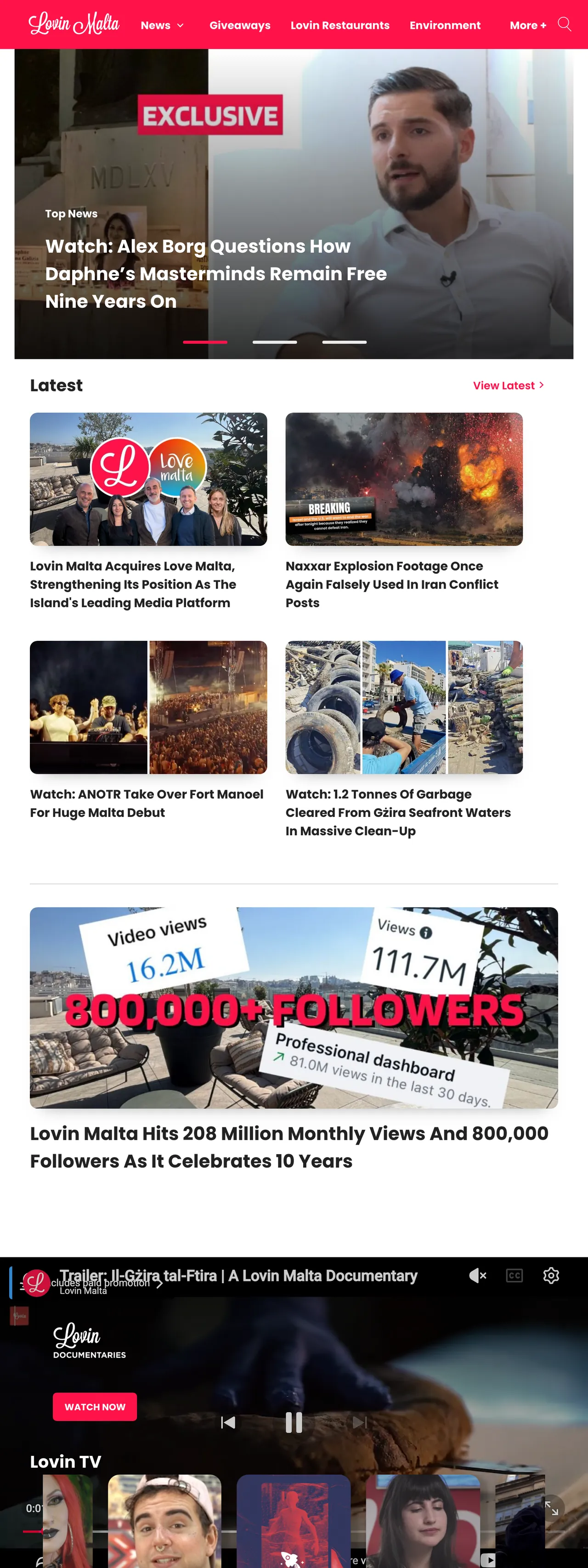 Screenshot of the Lovin Malta front page