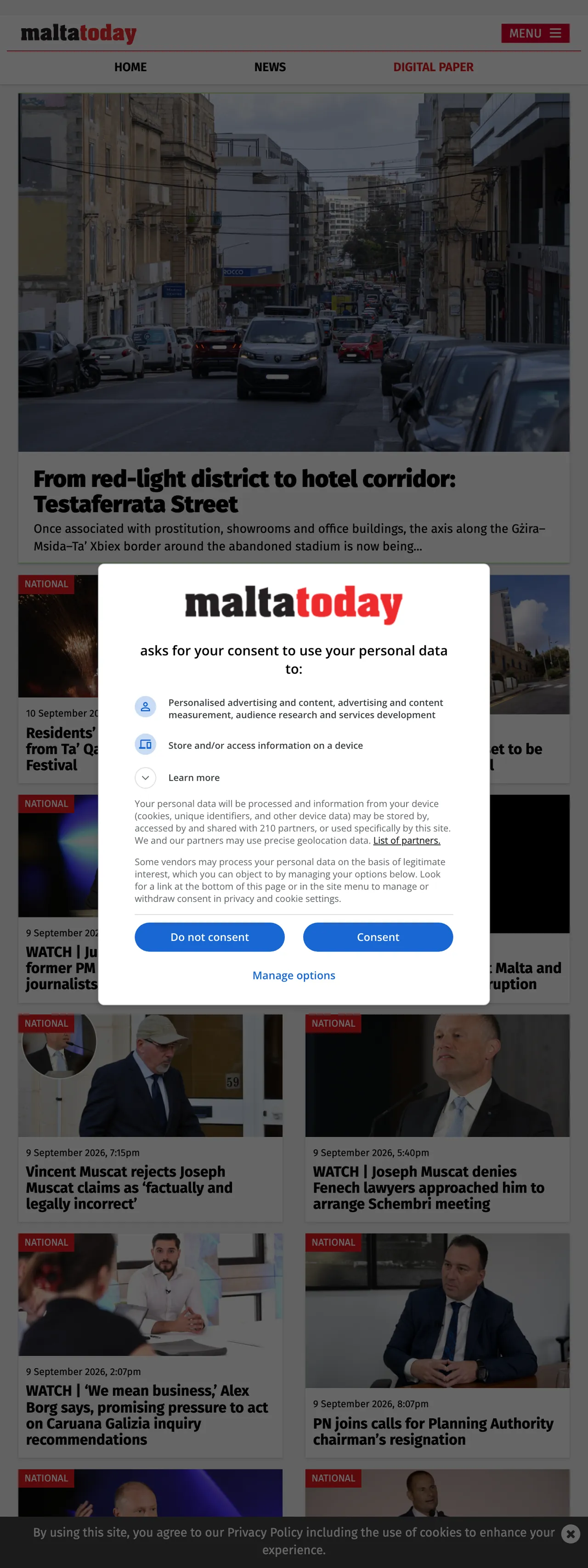 Screenshot of the Malta Today front page