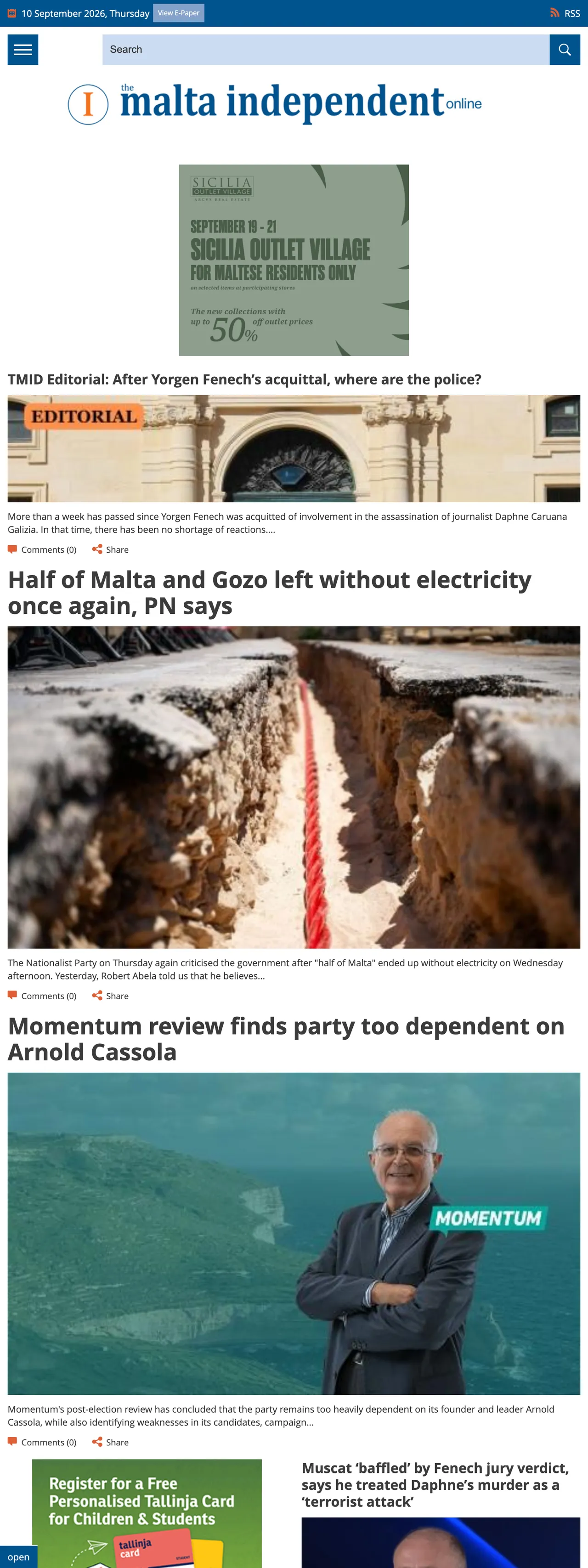 Screenshot of the The Malta Independent front page