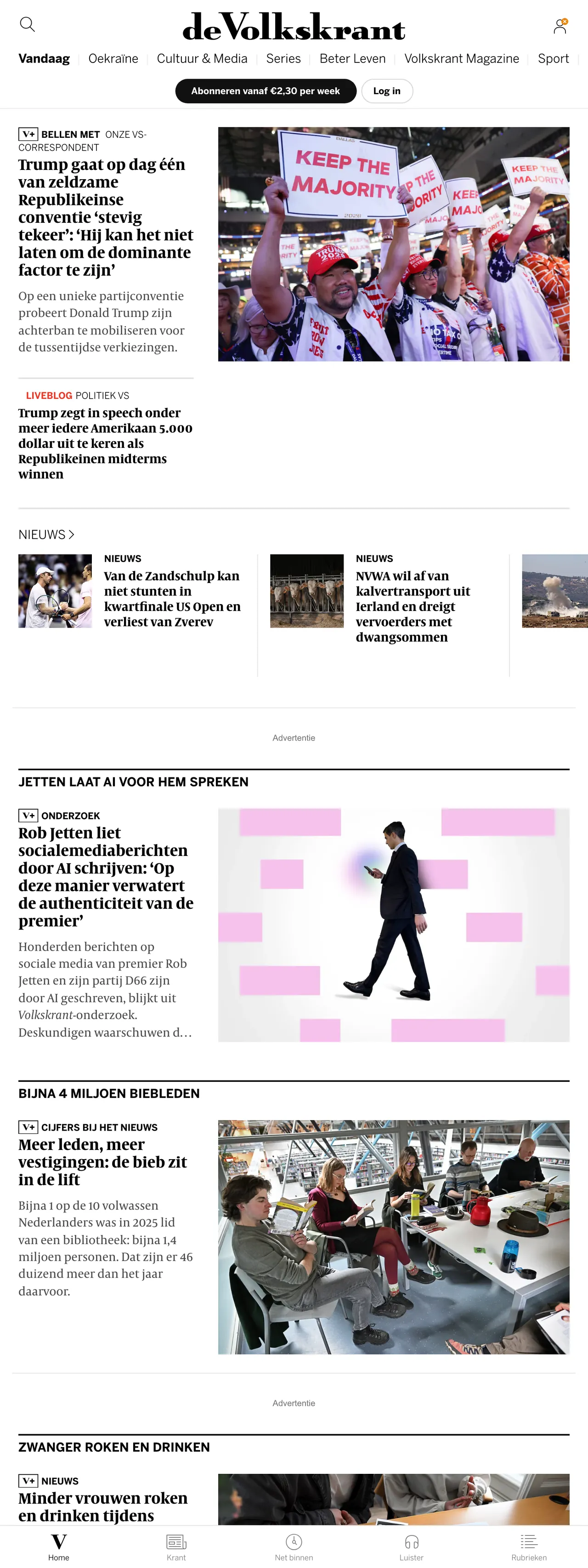 Screenshot of the de Volkskrant front page
