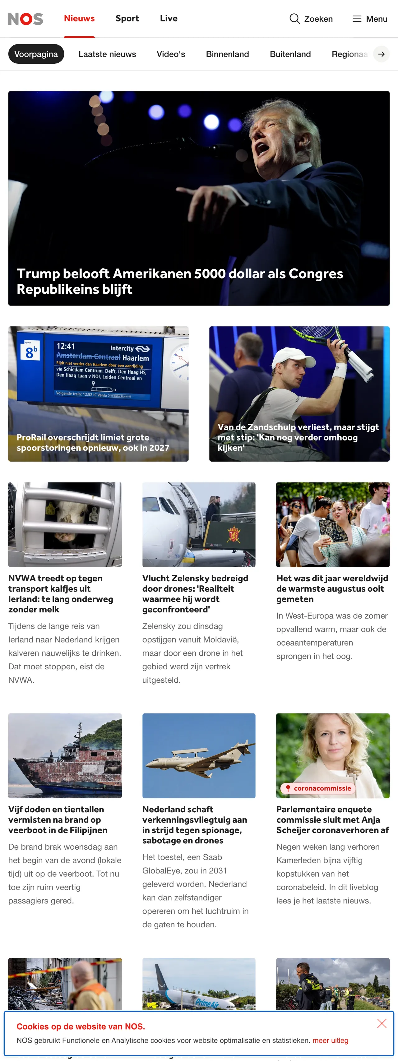 Screenshot of the NOS front page