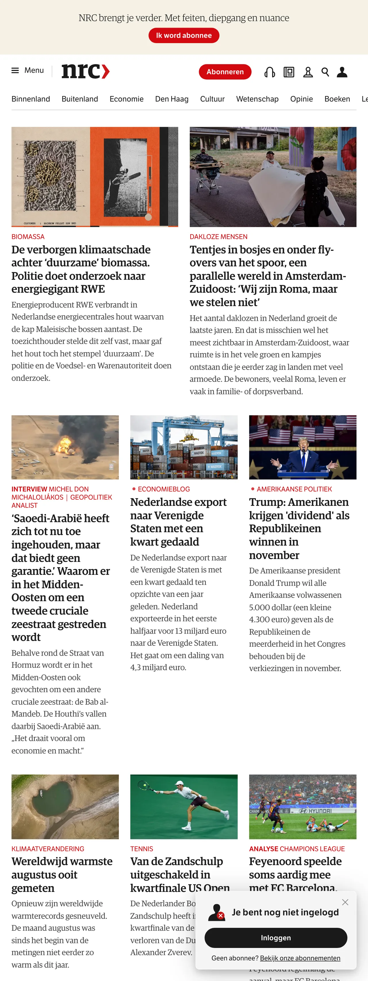 Screenshot of the NRC front page