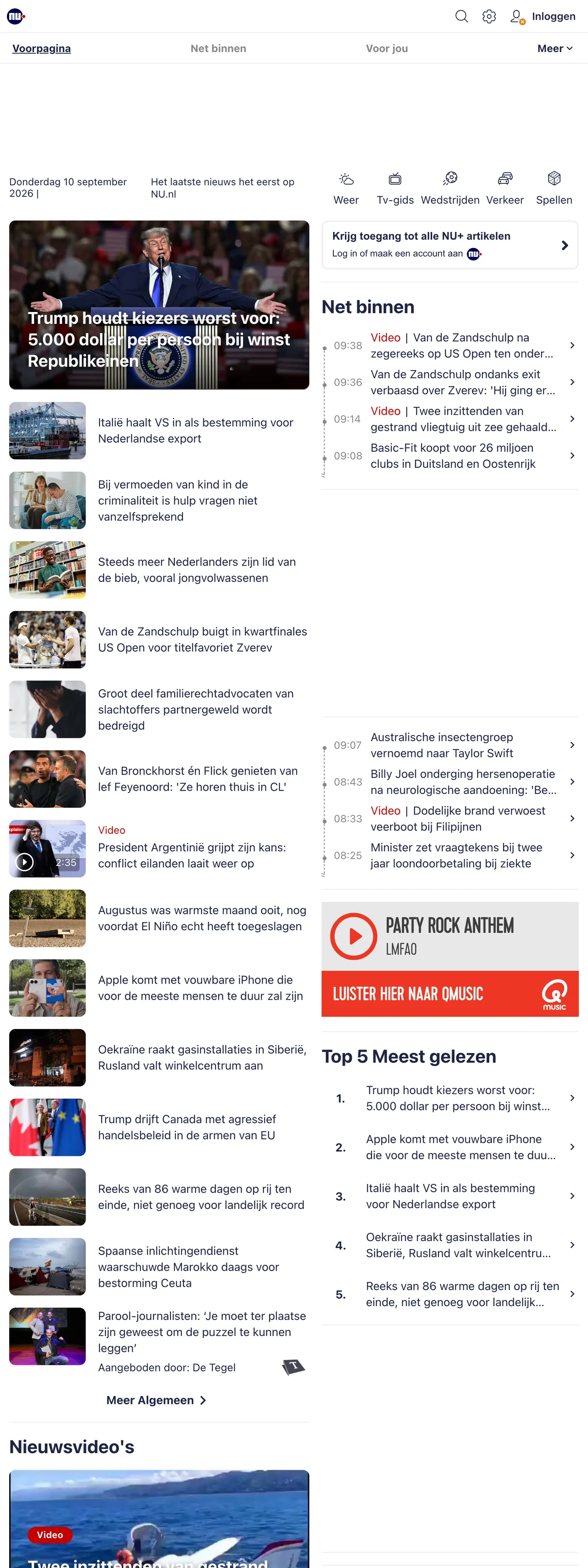 Screenshot of the NU.nl front page
