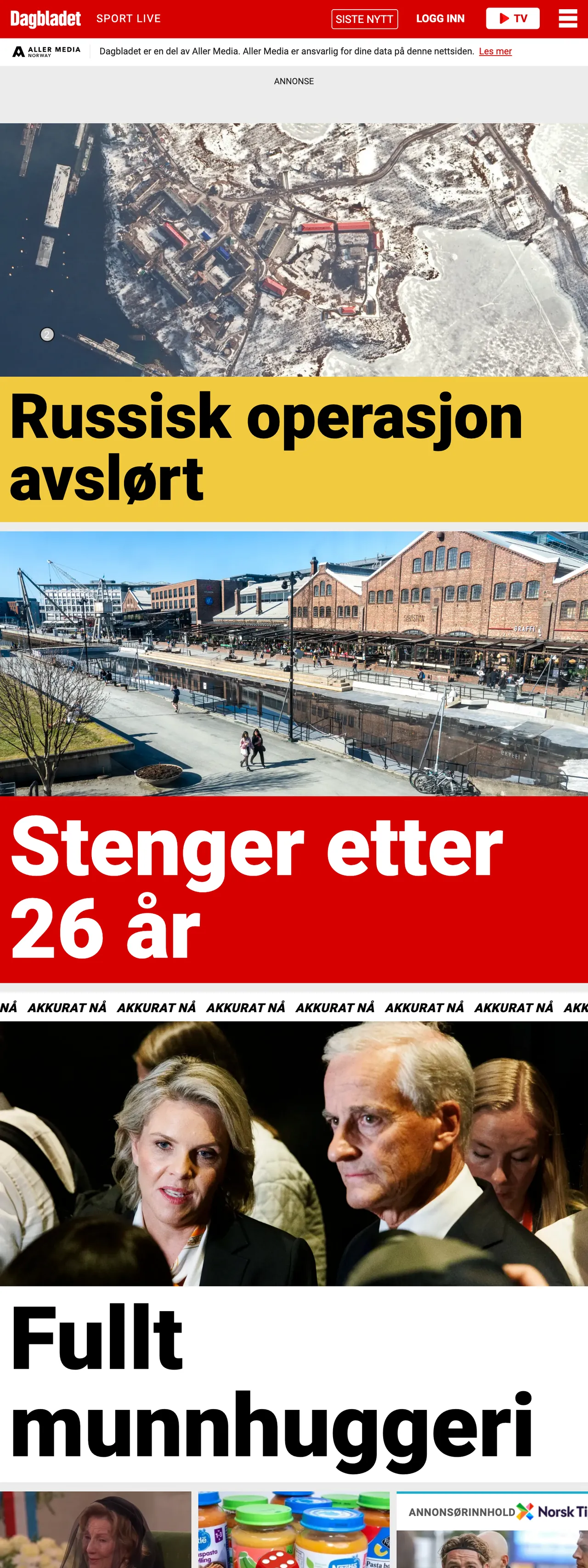 Screenshot of the Dagbladet front page